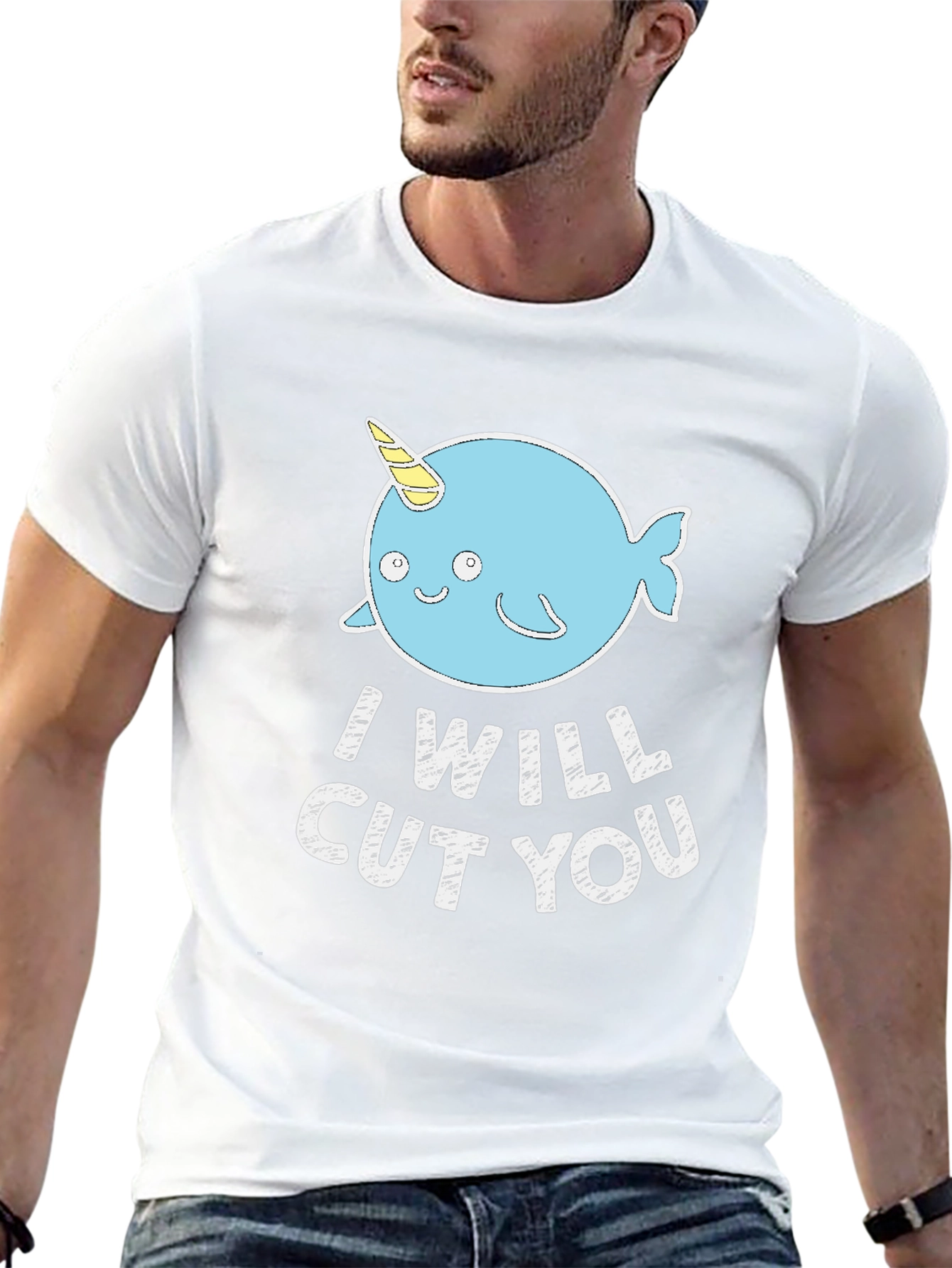 Black Funny Narwhal 'I Will Cut You' Black T-Shirt view 13