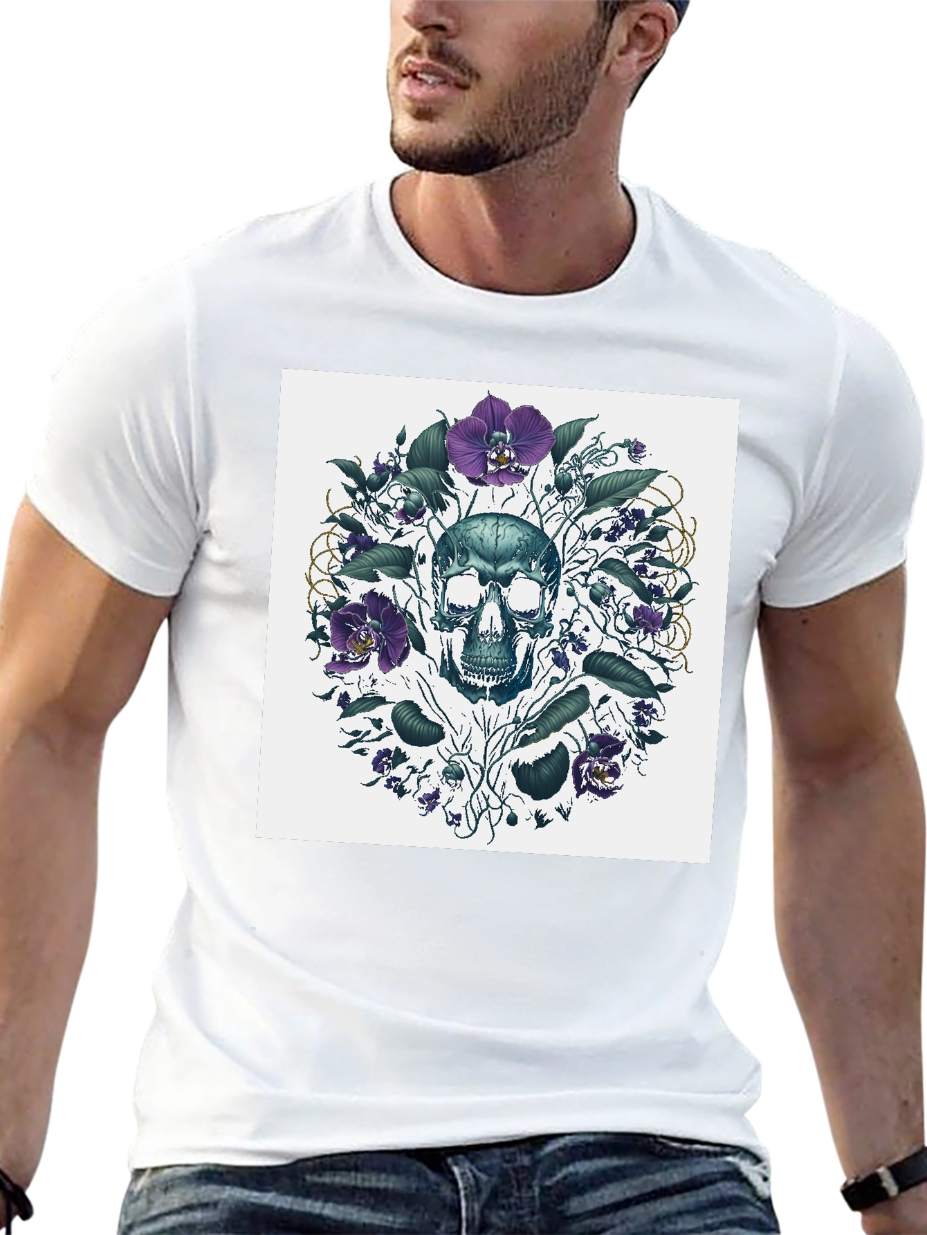 Black Skull Floral T-Shirt - Artistic Death Graphic Tee view 13