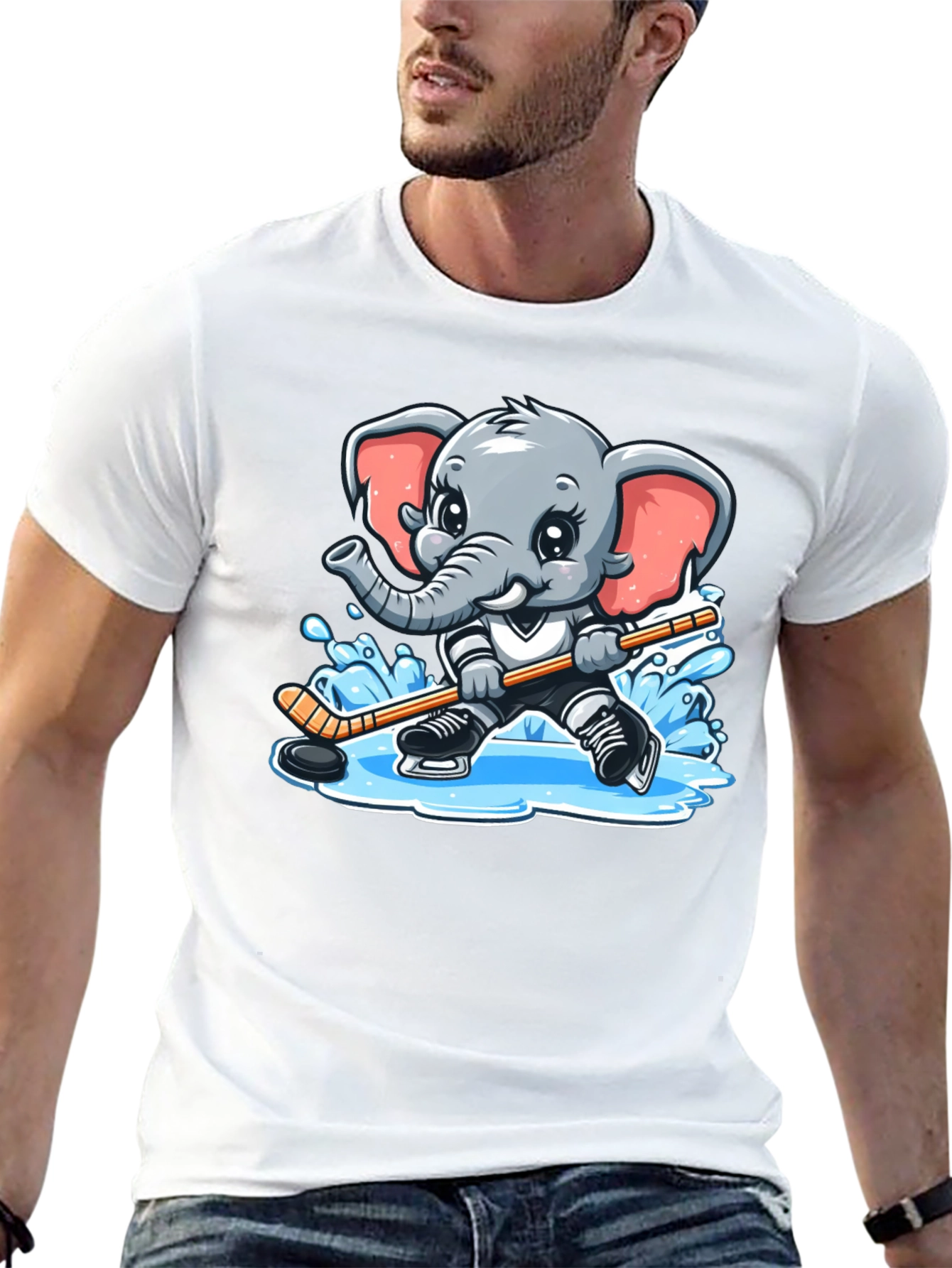 Black Cartoon Elephant Hockey Player Graphic Tee view 13