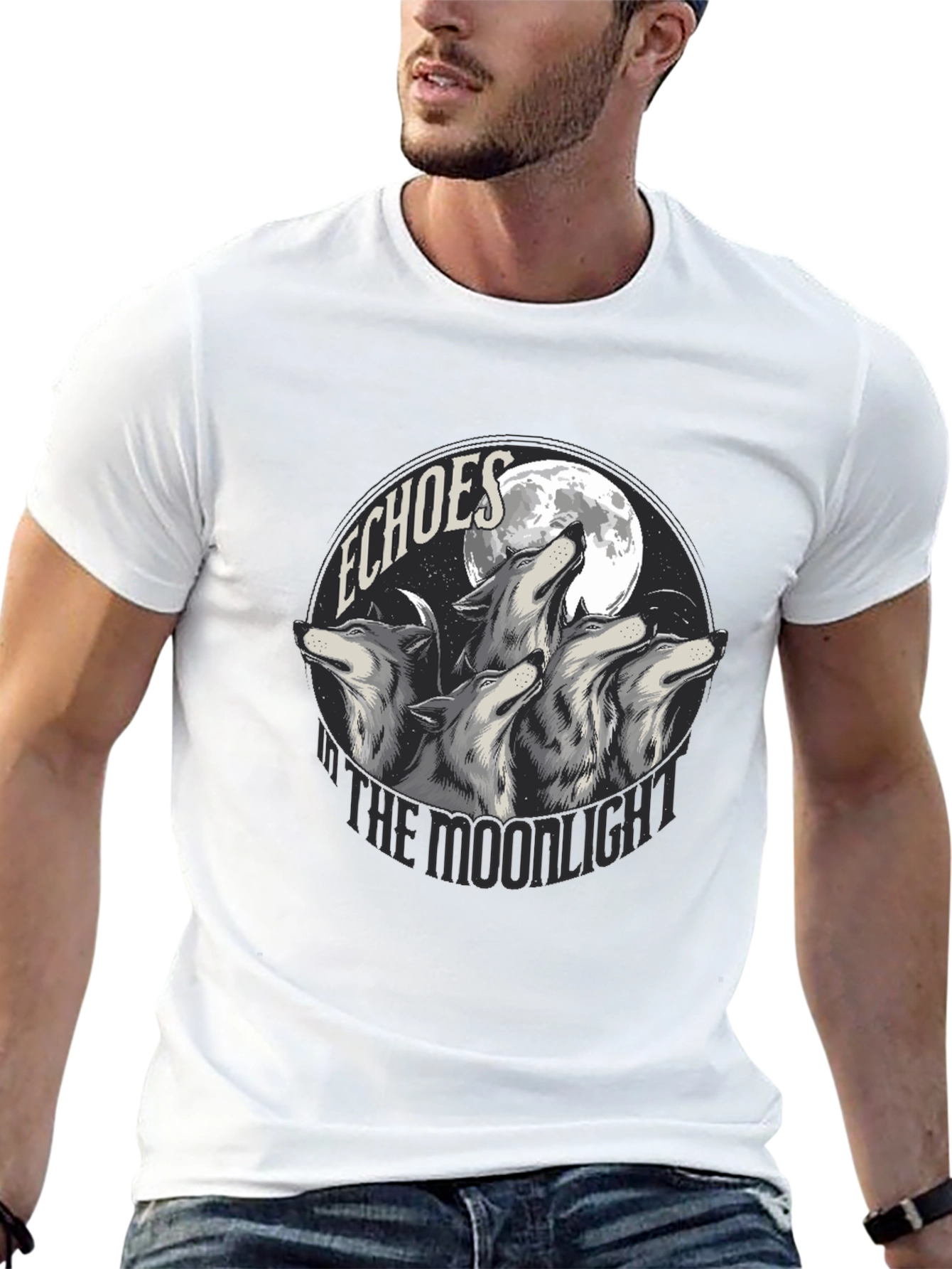 Black Echoes in the Moonlight Wolves Graphic T-Shirt view 13