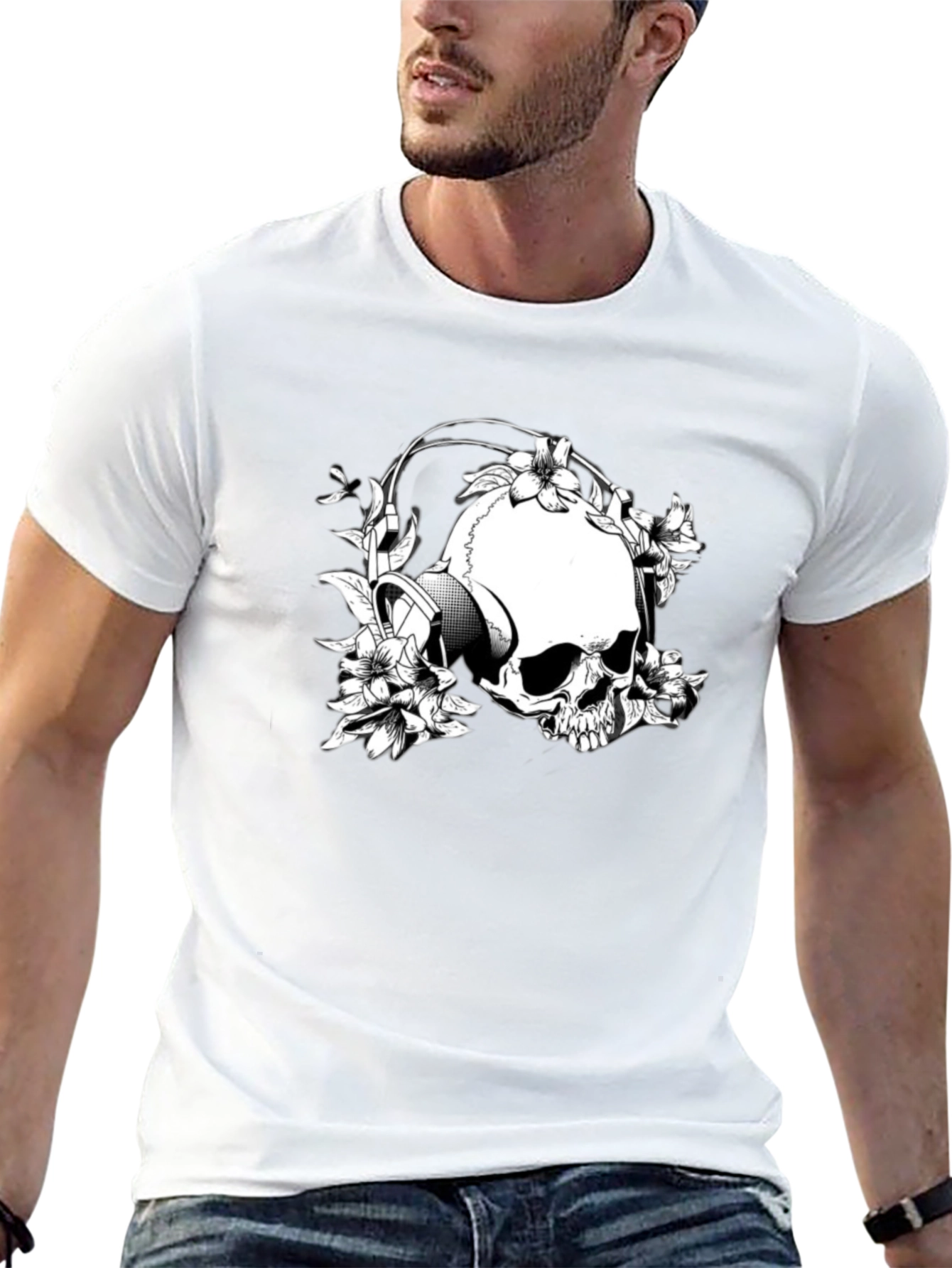 Black Skull & Flowers Graphic T-Shirt - Black view 13