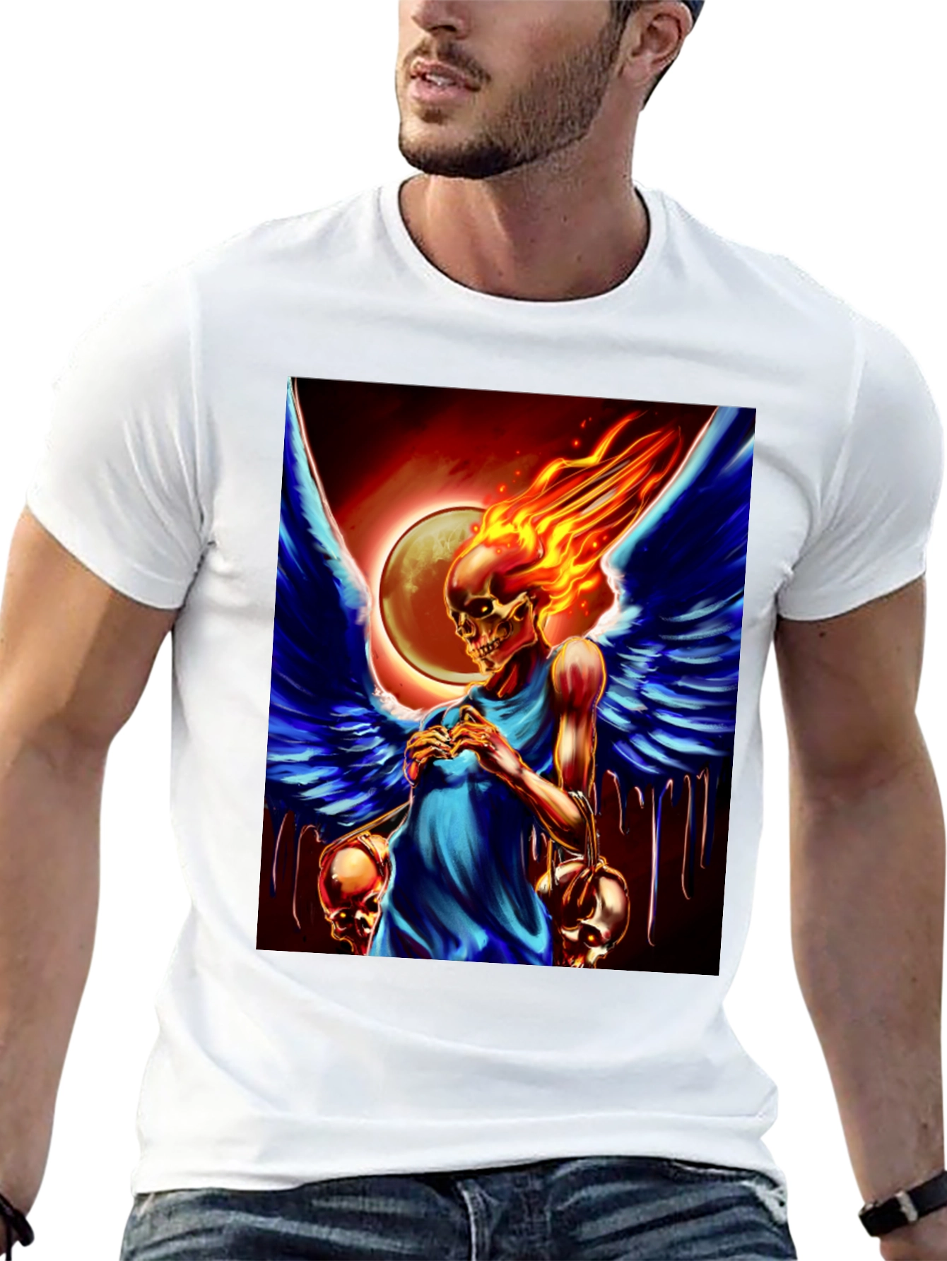 Black Winged Skull Fire T-Shirt - Dark Fantasy Graphic Tee view 13