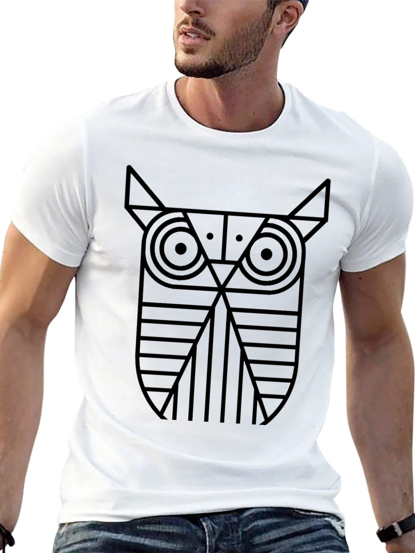 Black Geometric Owl Graphic Tee - Black Cotton T-Shirt view 13
