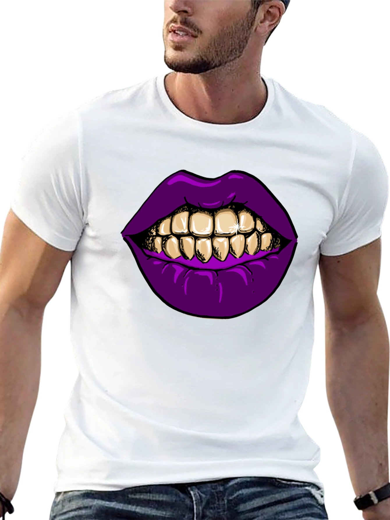 Black Purple Lips Gold Teeth Graphic Black T-Shirt view 13