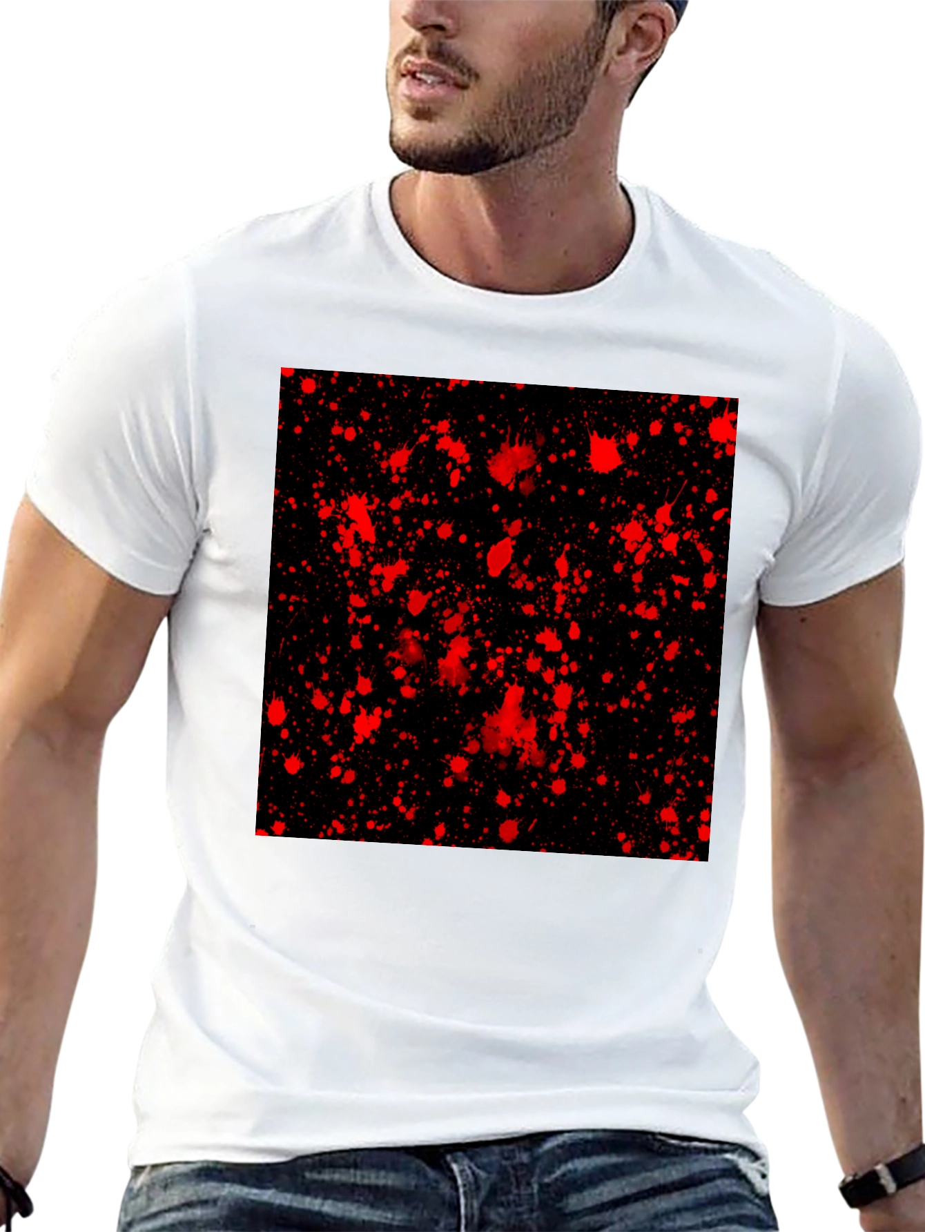 Black Edgy Black T-Shirt with Red Splatter Design view 13