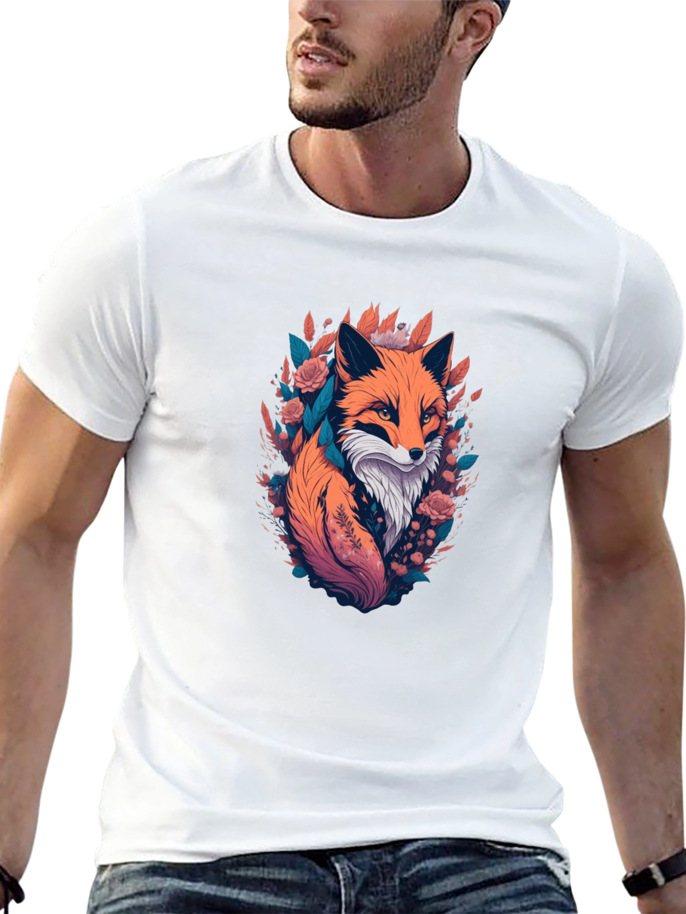 Black Fox & Floral Graphic Tee - Stylish Men's Black T-Shirt view 13