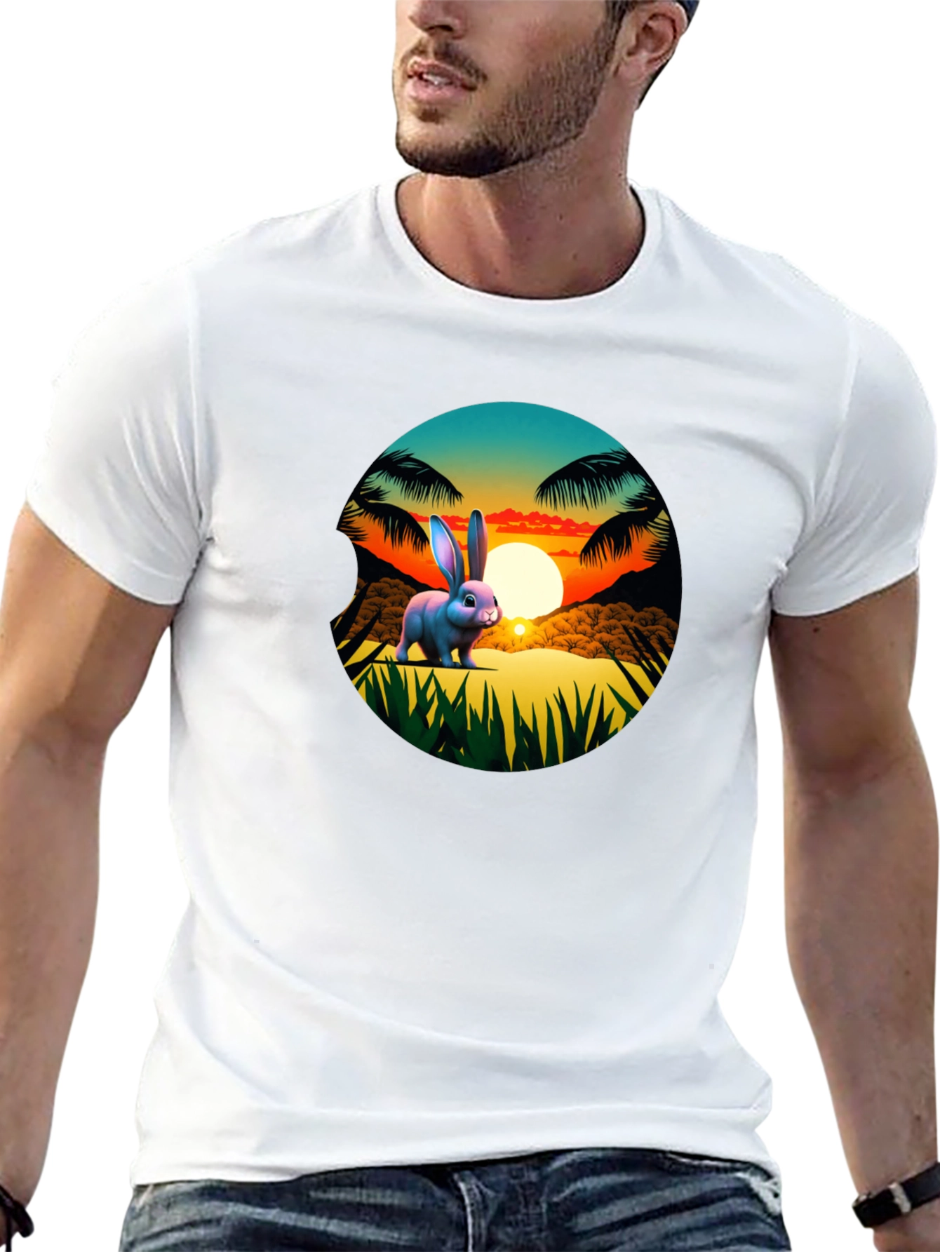 Black Tropical Bunny Sunset Graphic Tee view 13