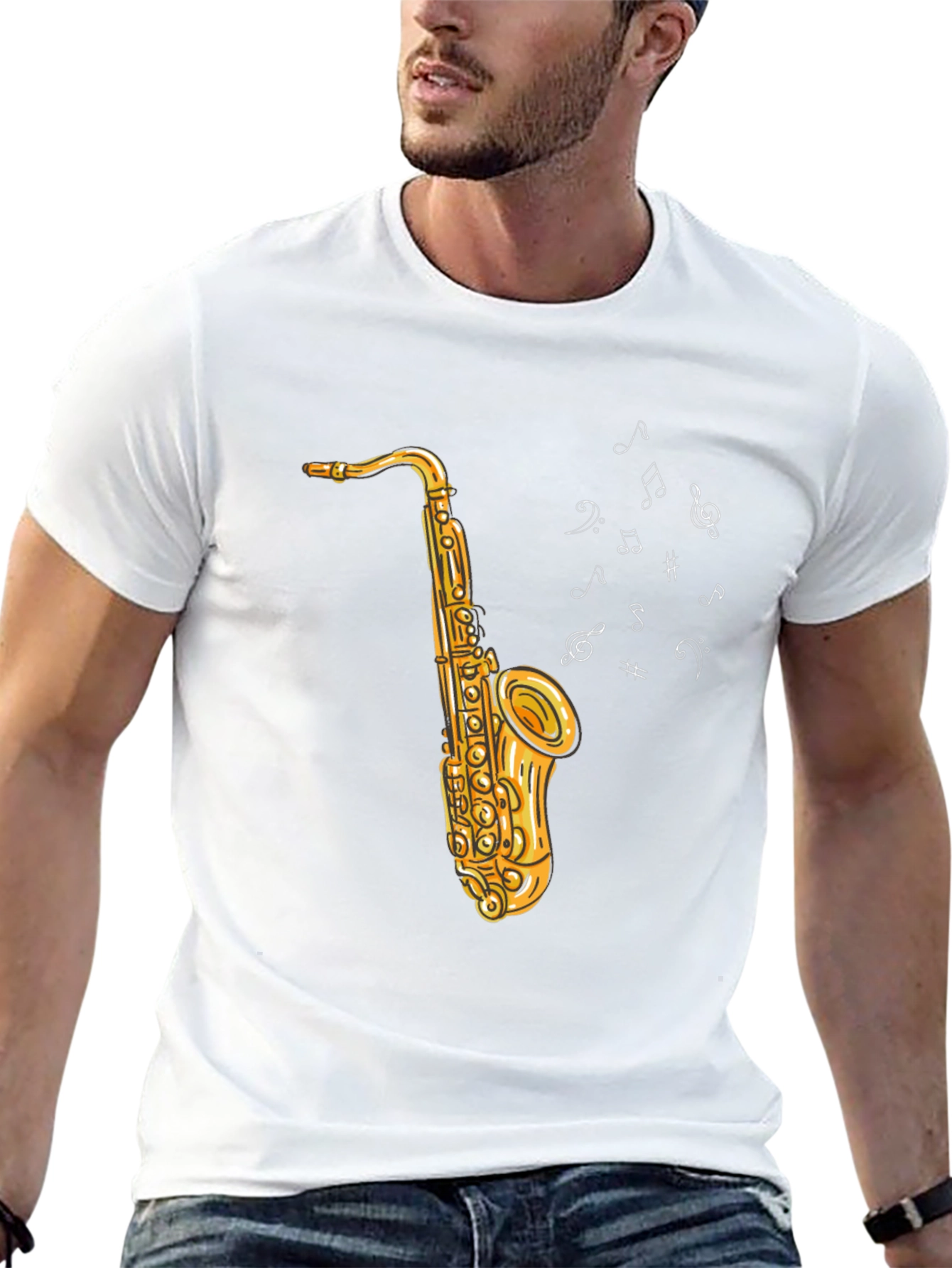 Black Saxophone Graphic Tee - Musical Notes Design view 13