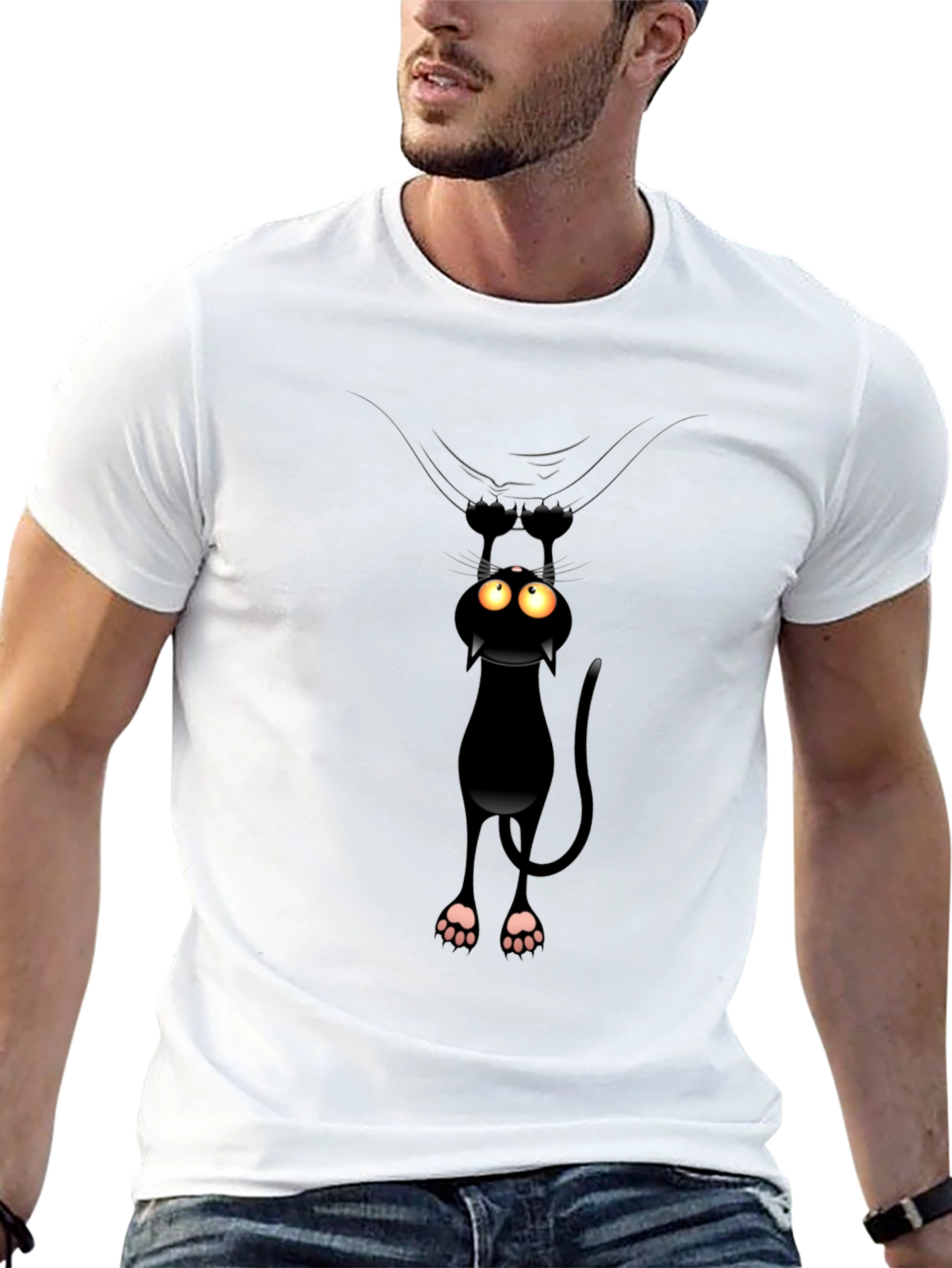 Funny Cat Hanging T-Shirt - Black Cotton Tee - 13