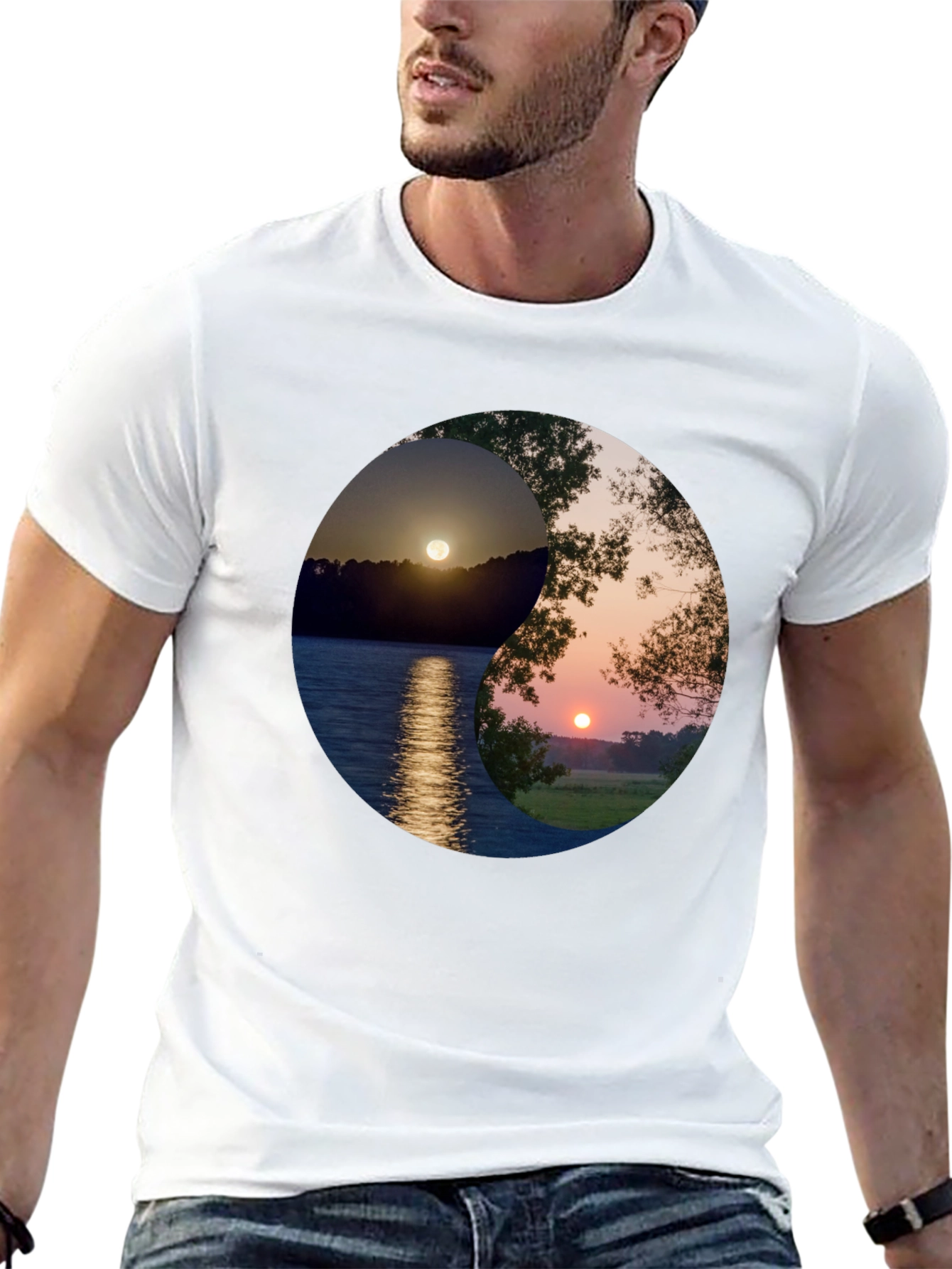 Black Yin Yang Sunset Graphic T-Shirt view 13