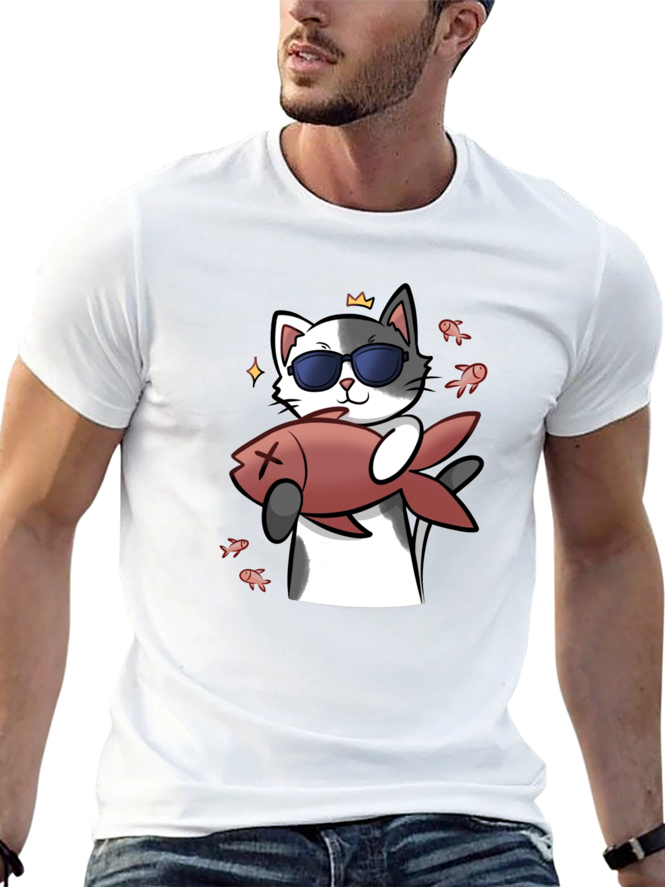 Black Cool Cat With Fish Graphic Tee - Black view 13