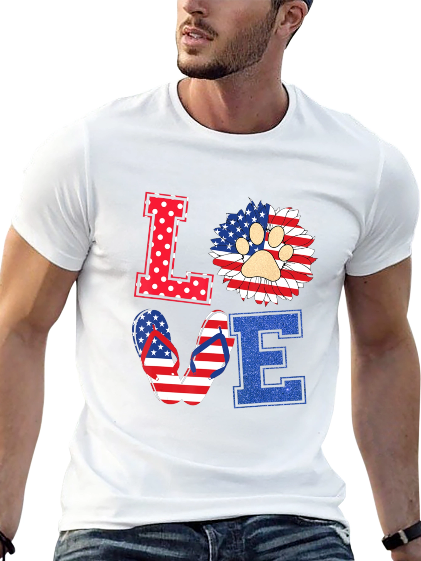 Patriotic LOVE T-Shirt, Paw Print, Flip Flops, USA Flag - 13