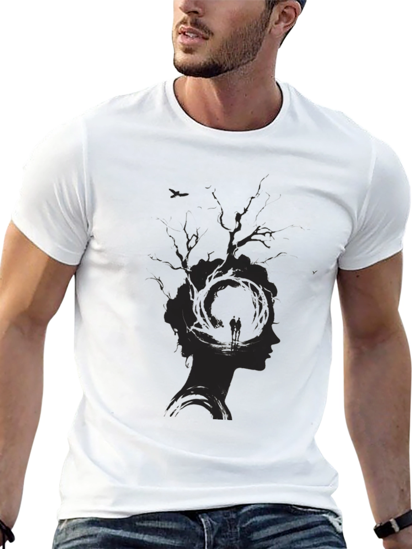 Black Unique Tree Silhouette Graphic Print Black T-Shirt view 13