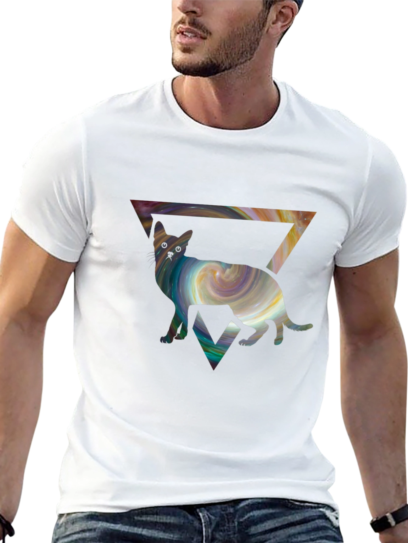 Black Cosmic Cat Triangle T-Shirt - Unique Graphic Tee view 13