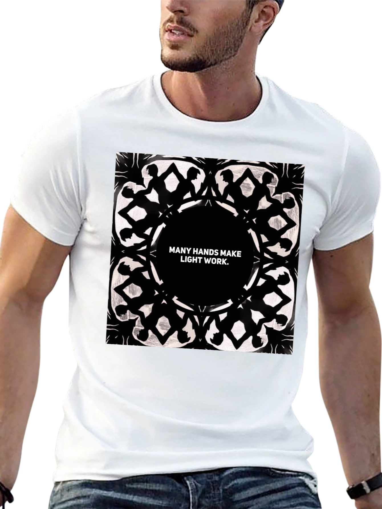 Black Unity Hands Tee - Many Hands Make Light Work Graphic T-Shirt view 13