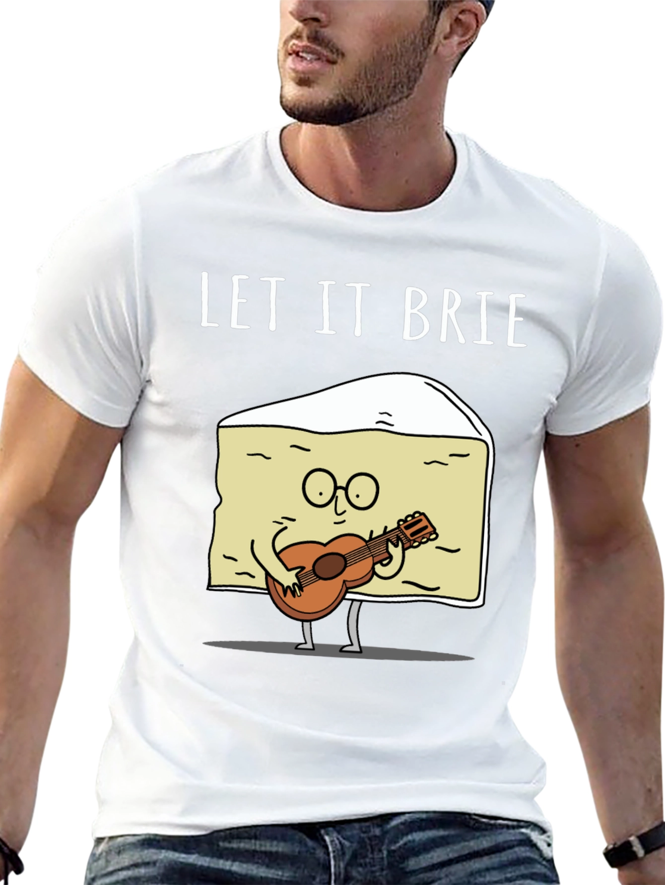 Black Let It Brie T-Shirt - Cheese Guitar Player view 13