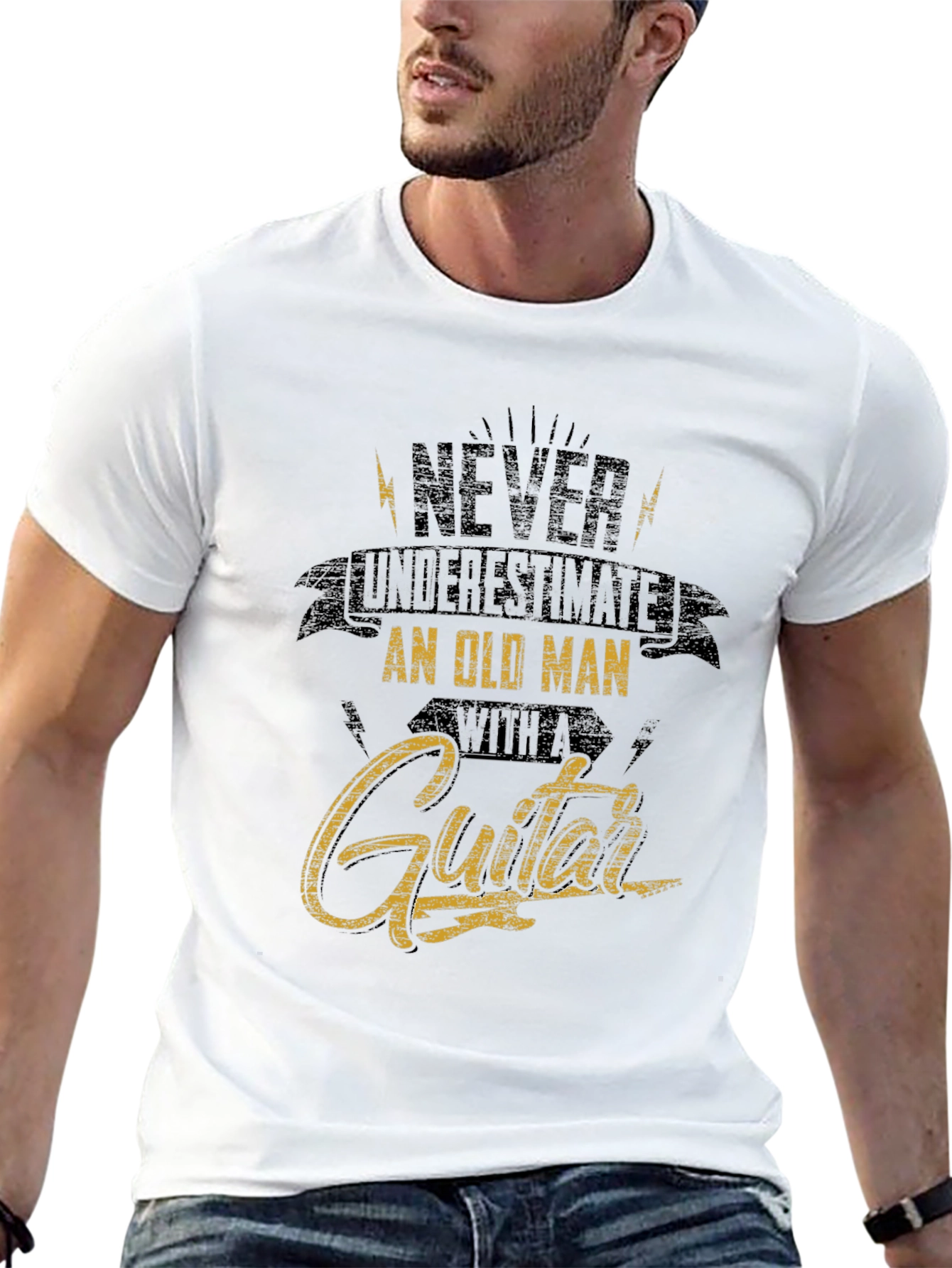 Black Never Underestimate Old Man Guitar T-Shirt view 13