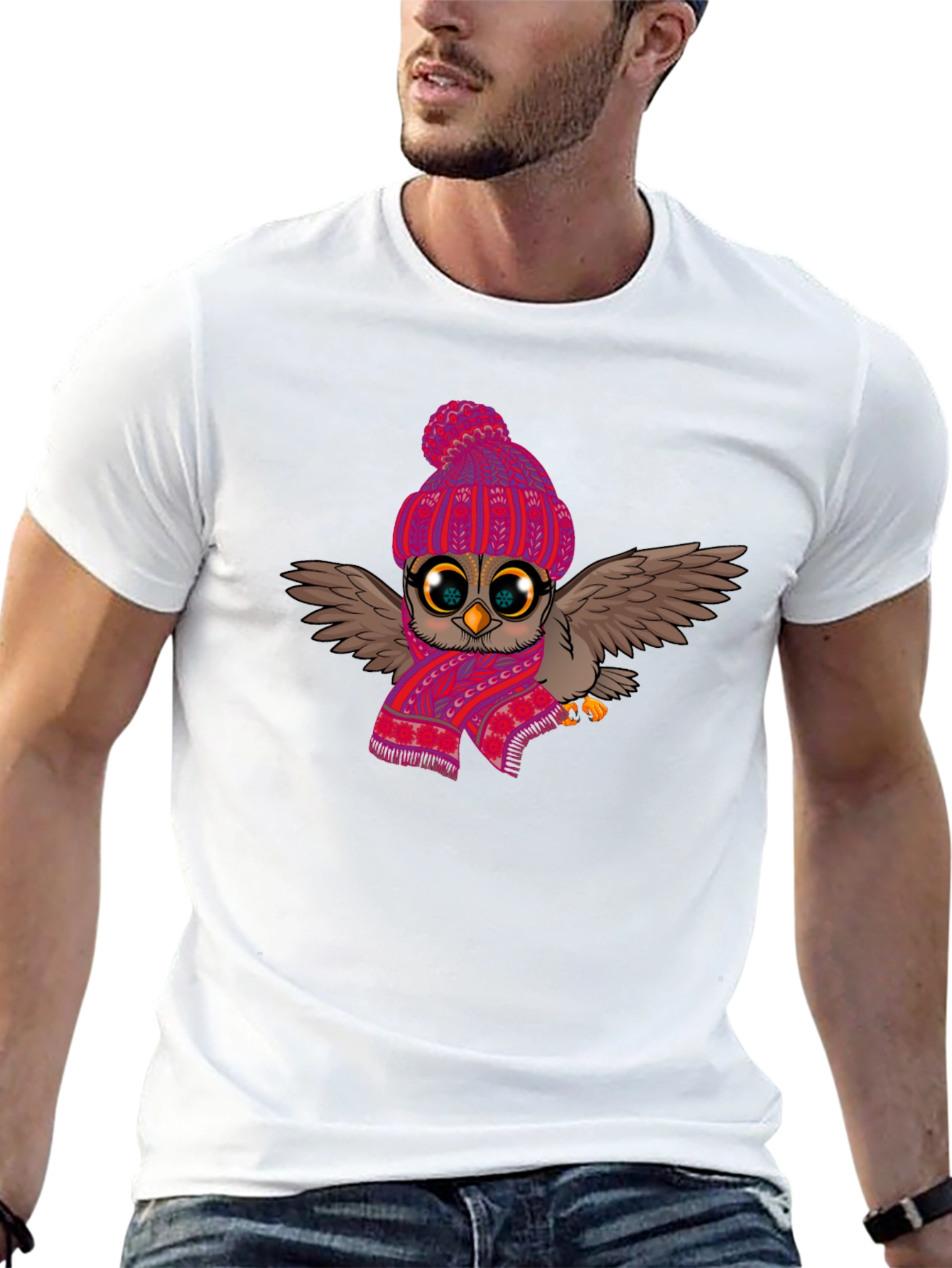 Black Winter Owl T-Shirt: Cute Cartoon Bird with Scarf & Hat view 13