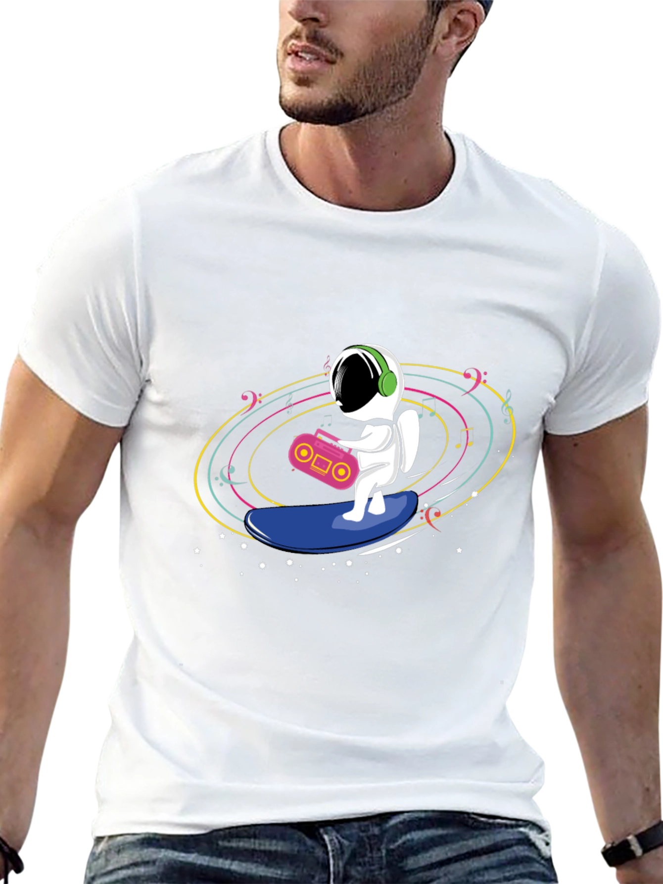 Black Astronaut Surfing T-Shirt - Space Music Vibes view 13