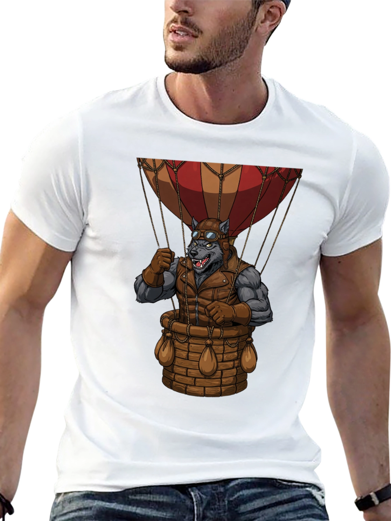 Black Steampunk Wolf Hot Air Balloon Graphic T-Shirt view 13