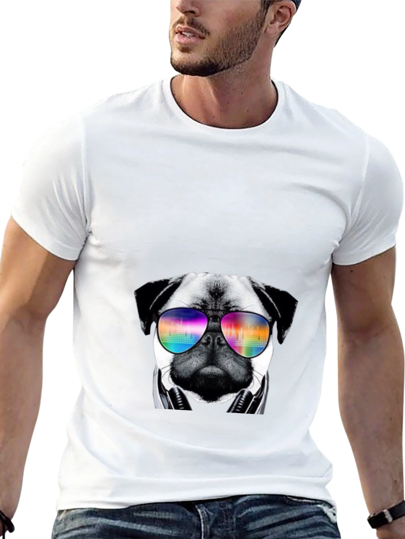 Black Cool Pug T-Shirt with Headphones and Sunglasses view 13
