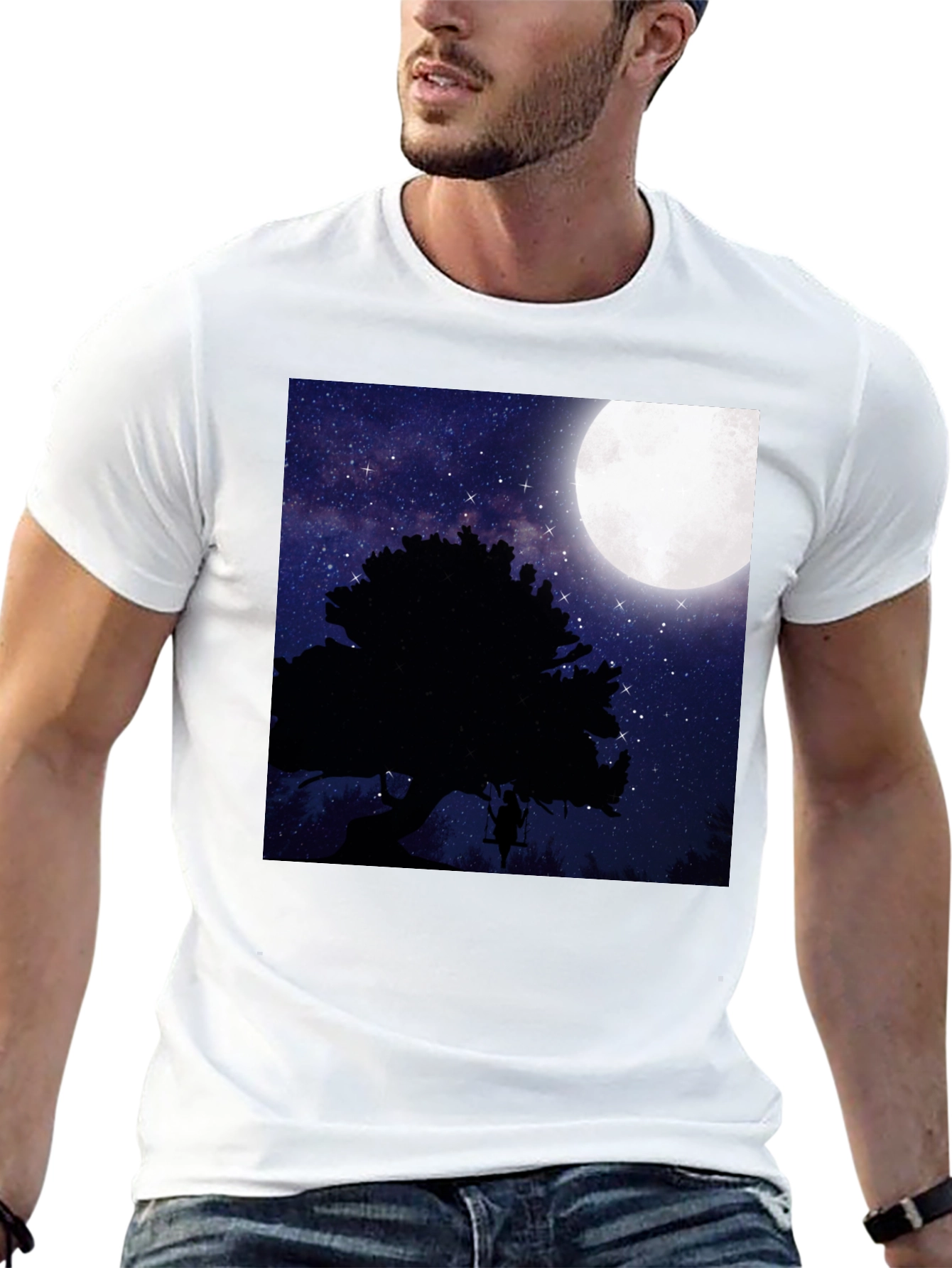 Black Moonlit Swing T-Shirt - Night Sky Tree Silhouette view 13