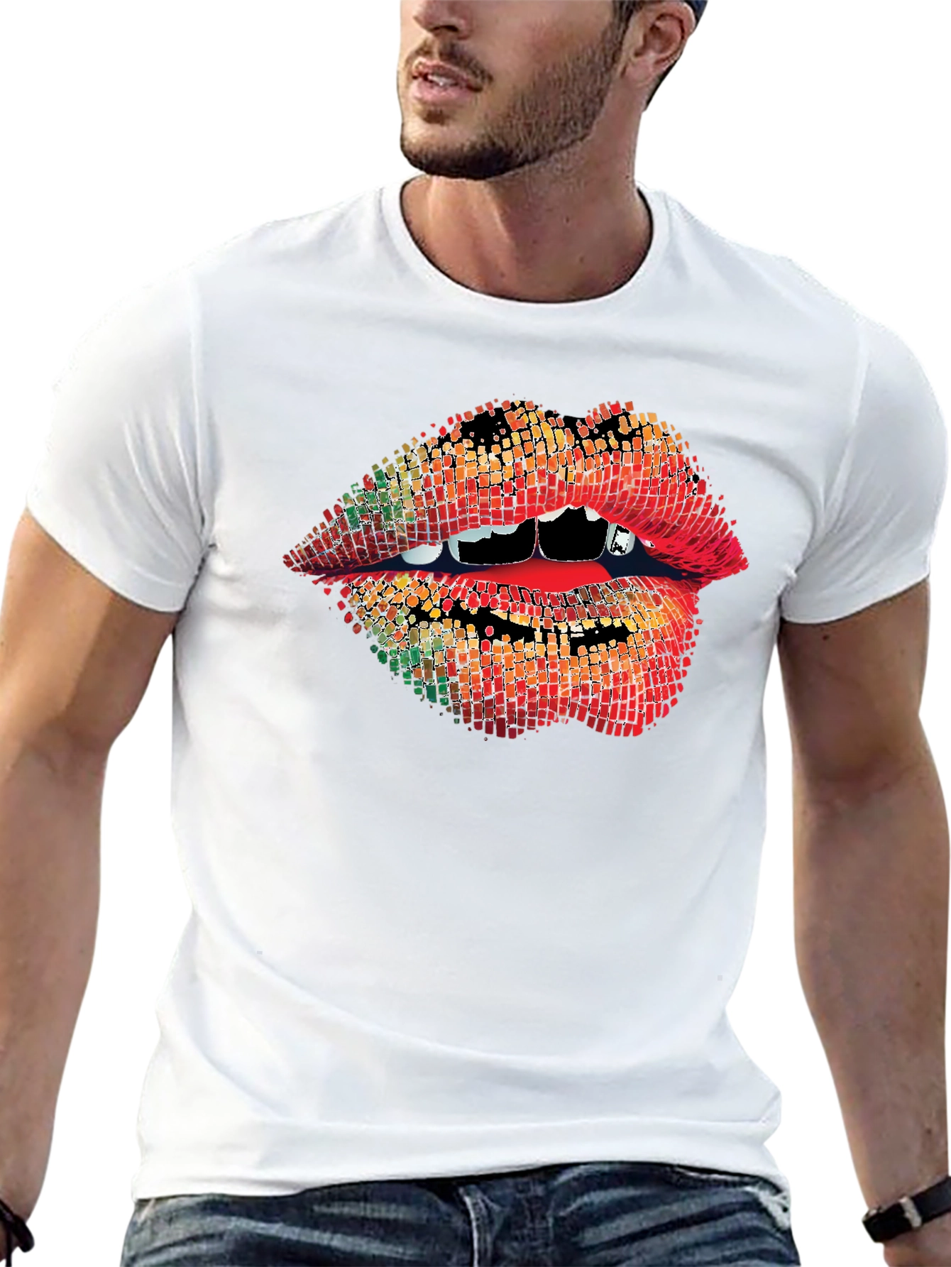 Black Vampire Lips Graphic Tee - Unique Pixelated Mouth Design view 13