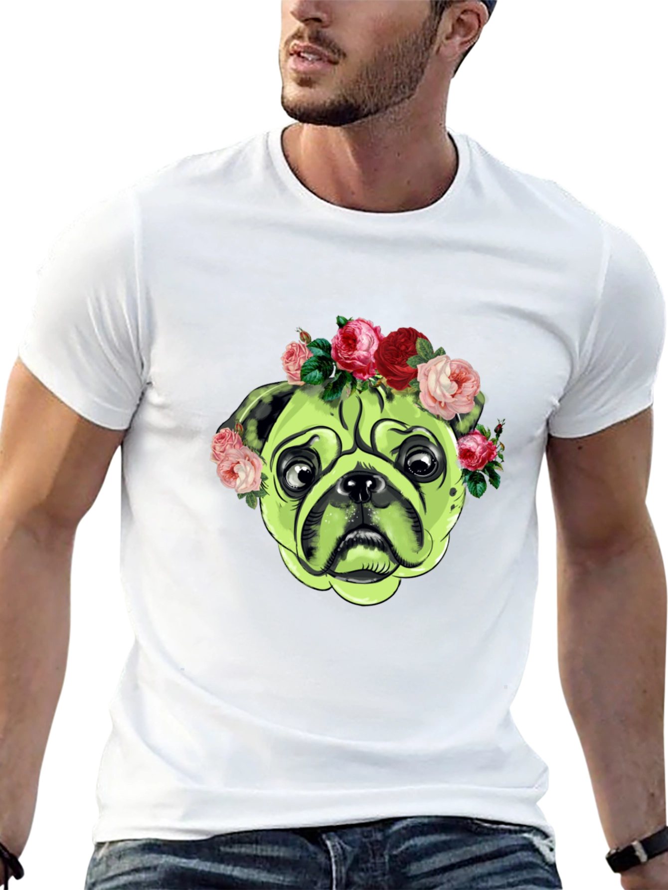 Black Pug with Floral Crown Graphic T-Shirt view 13