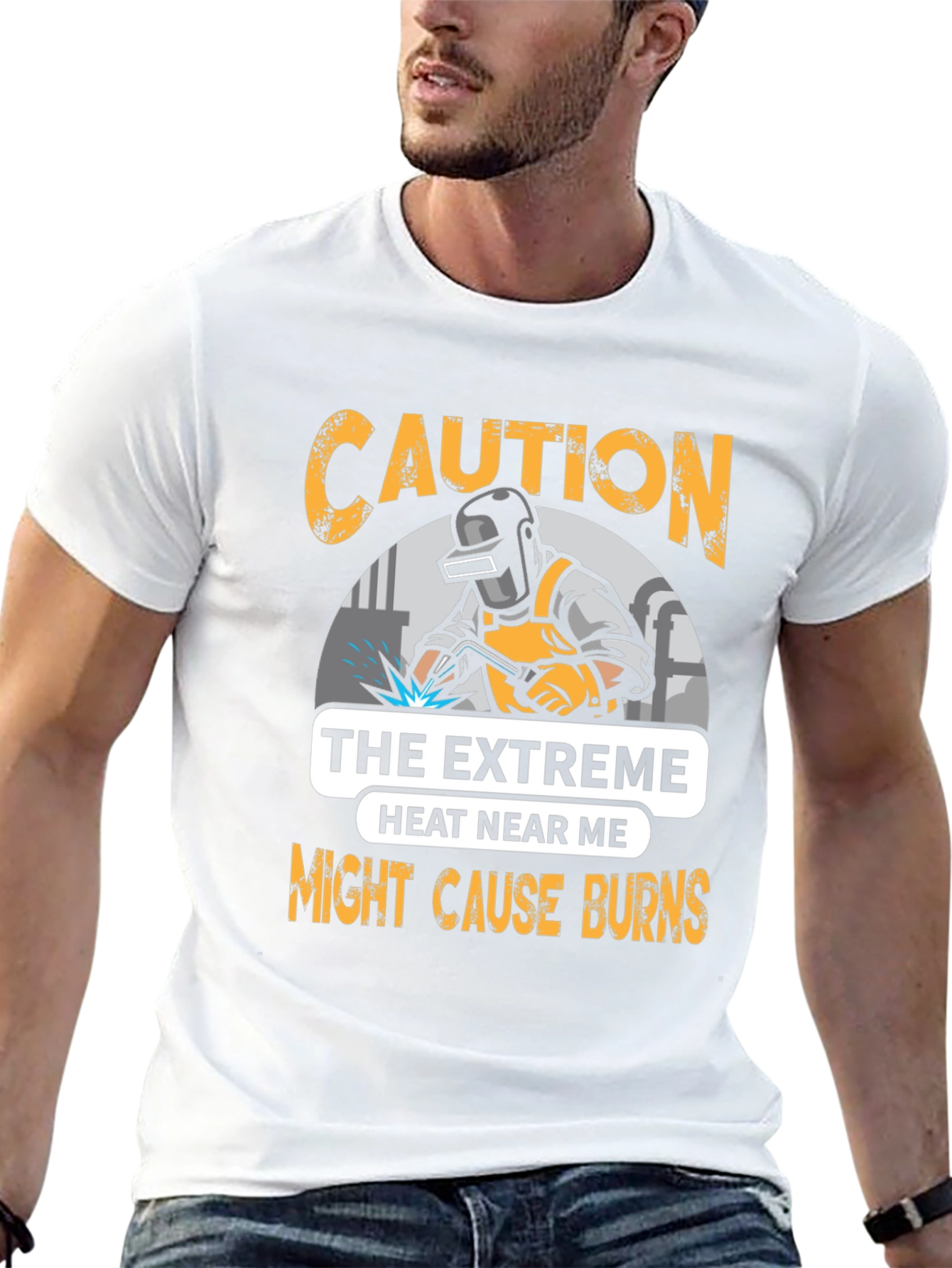 Black Caution Welder T-Shirt: Extreme Heat Burns Risk view 13