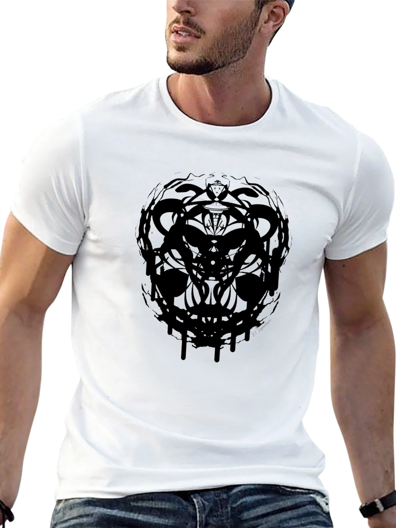 Black Men's Black Graphic Tee - Abstract Skull Design view 13