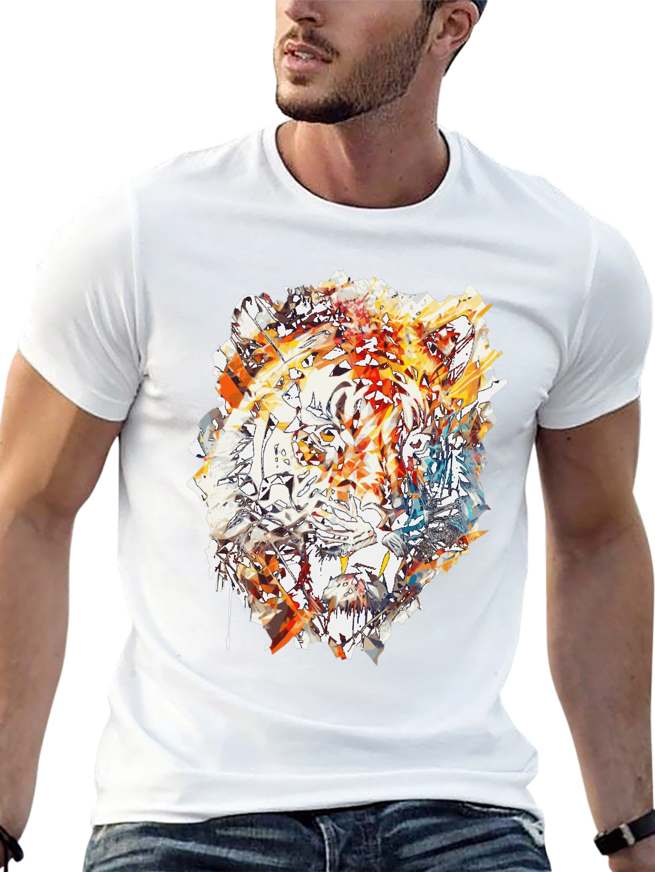 Black Abstract Tiger Print Men's Black T-Shirt view 13