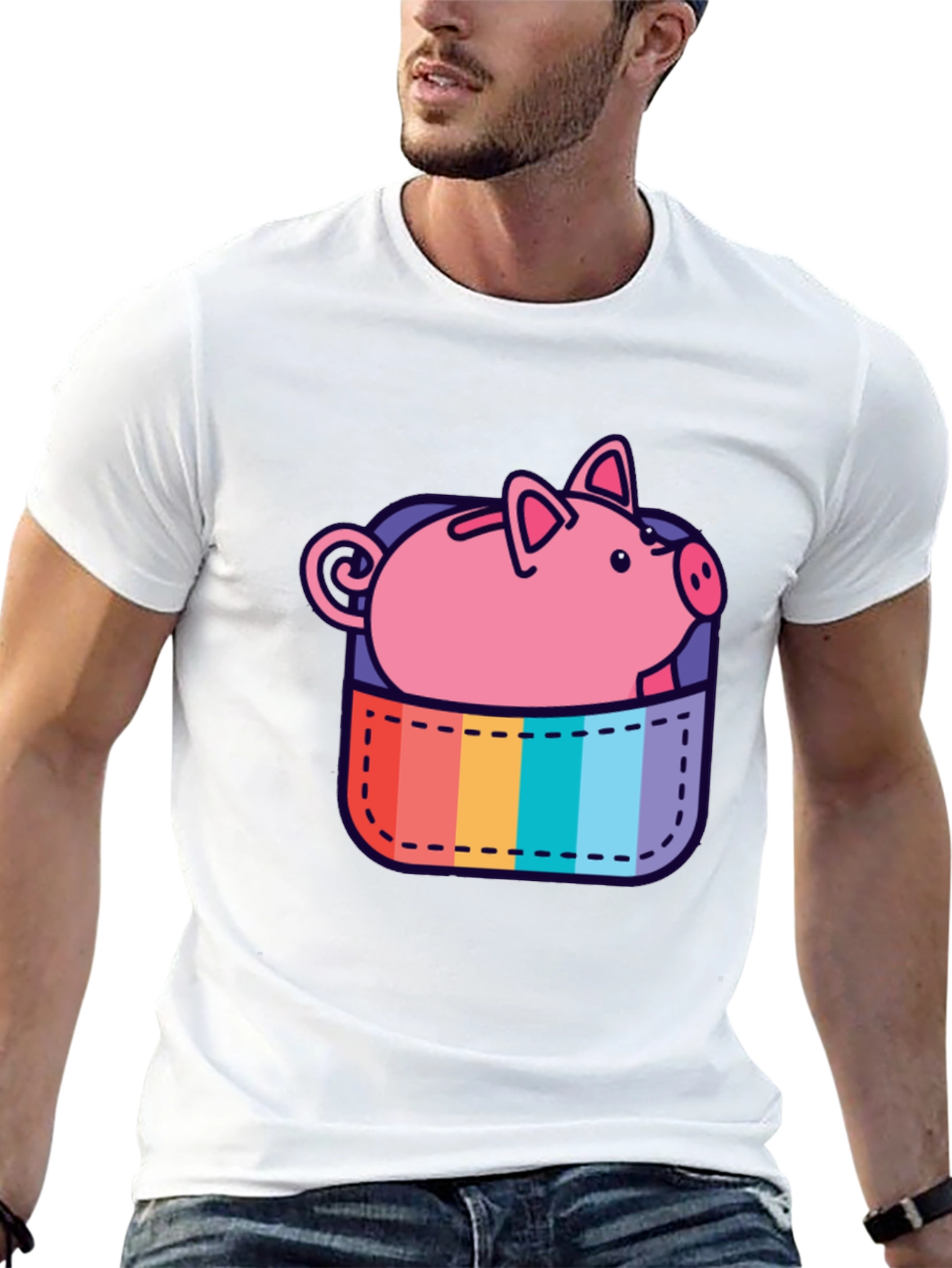 Black Rainbow Pocket Piggy Bank T-Shirt view 13
