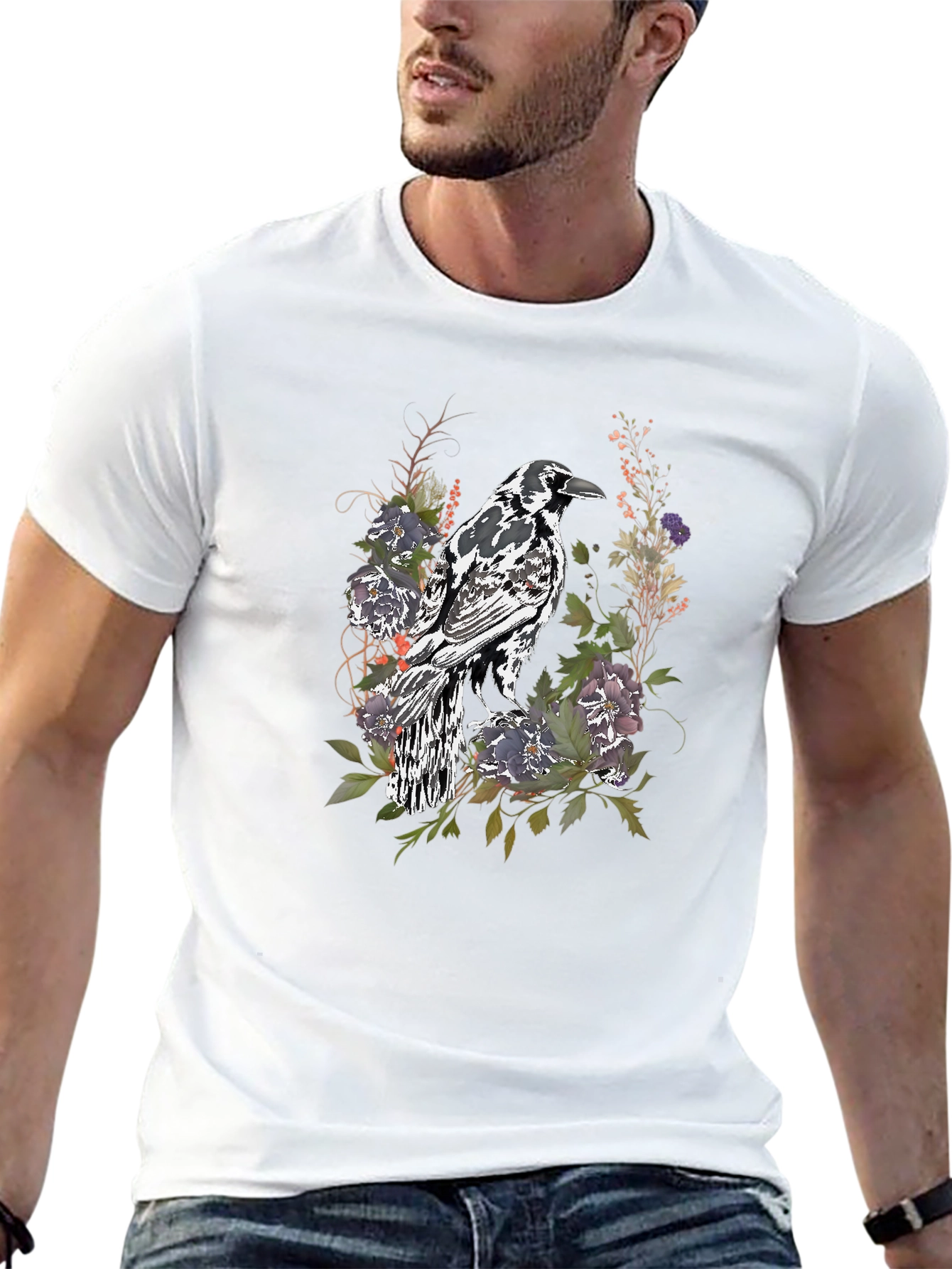 Black Raven & Floral Graphic Tee - Stylish Men's Black T-Shirt view 13