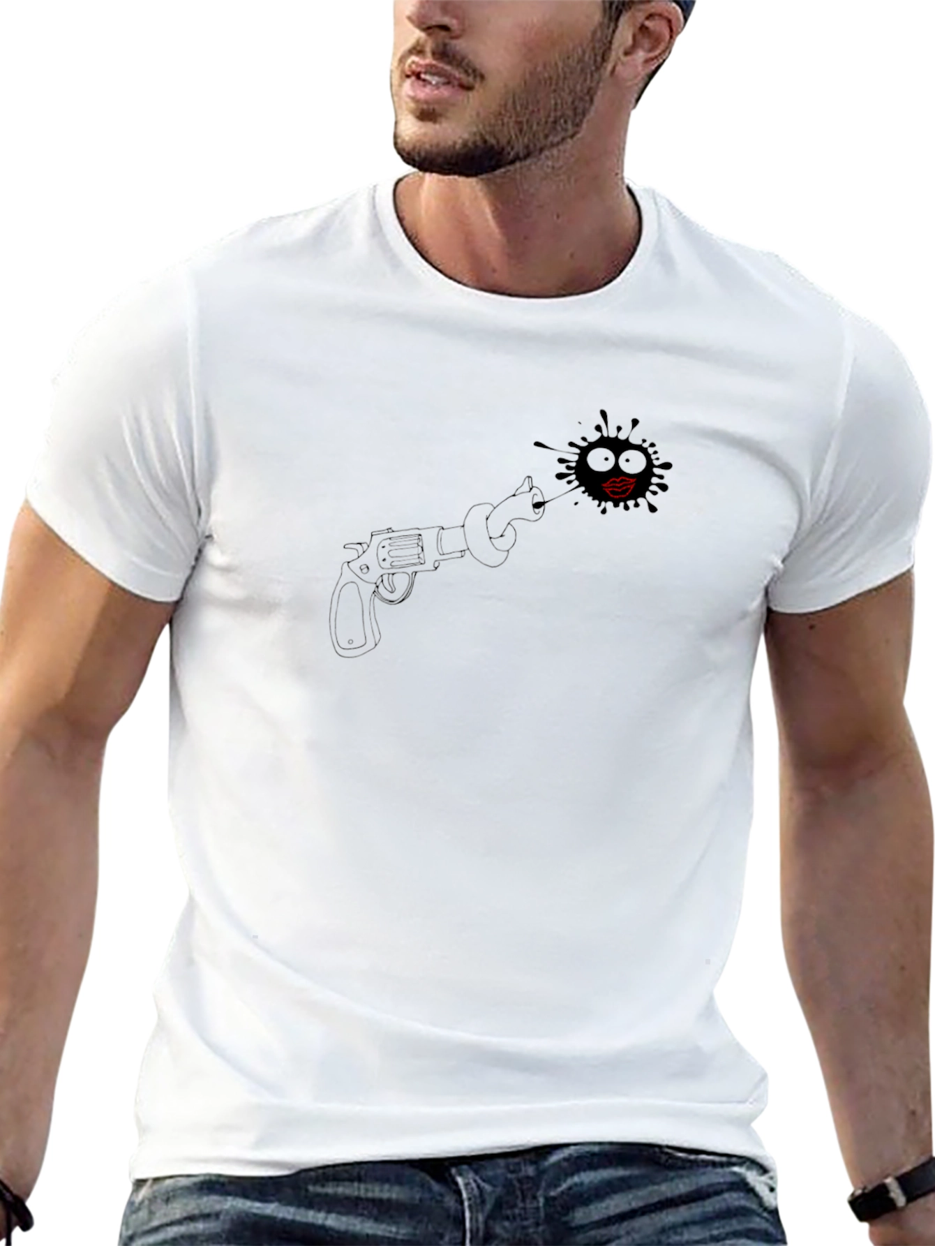 Black Black T-Shirt with Revolver and Lips Design view 13