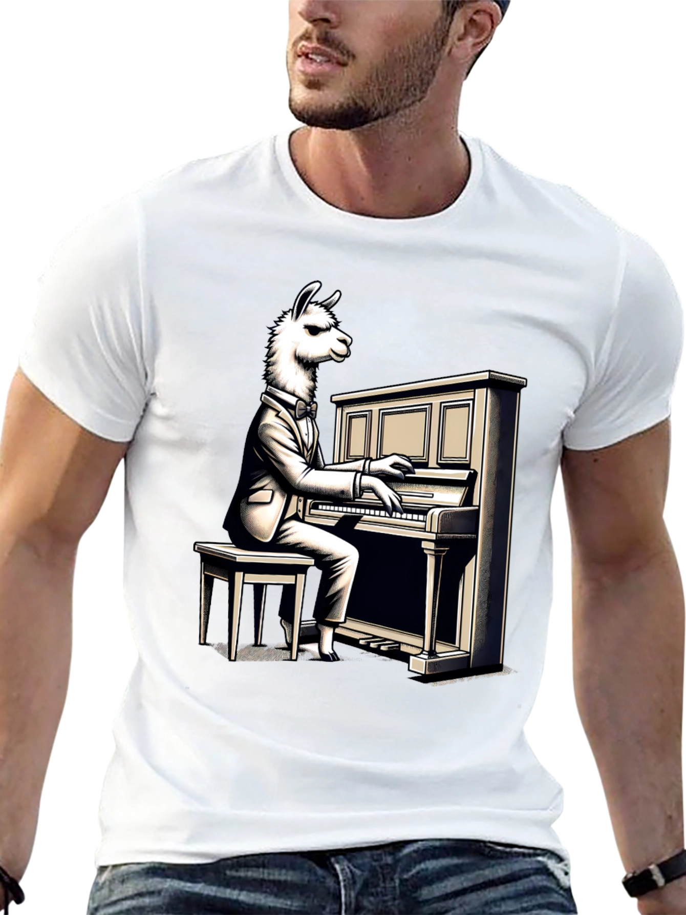 Black Llama Pianist Graphic Tee - Unique Animal Art Shirt view 13