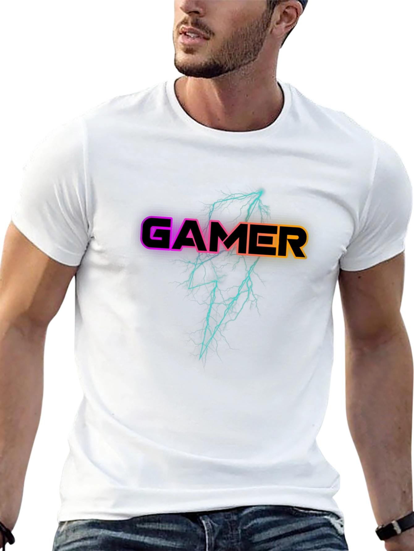 Black Gamer Lightning Bolt Graphic Black T-Shirt view 13