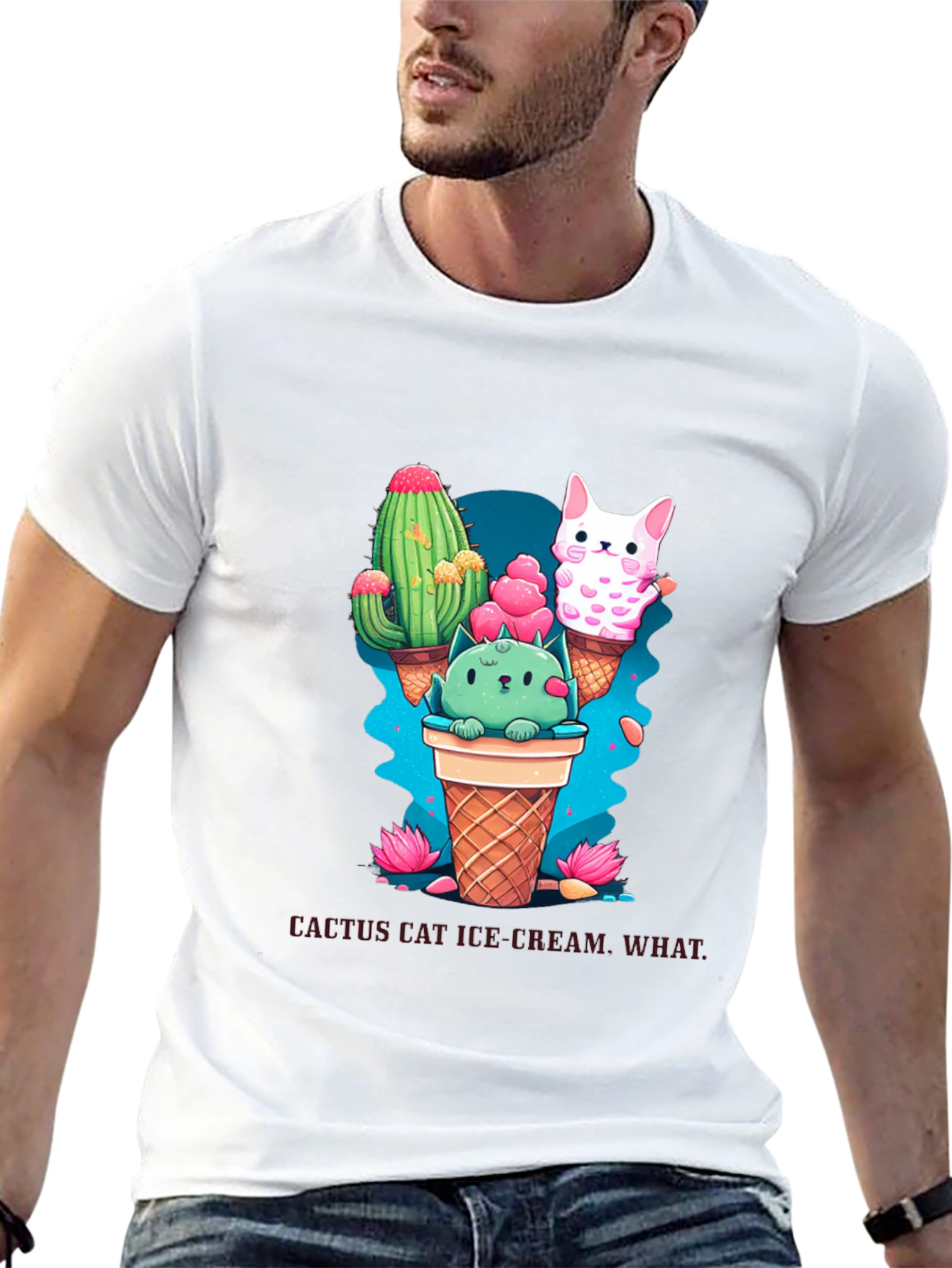 Black Cactus Cat Ice Cream Black T-Shirt view 13