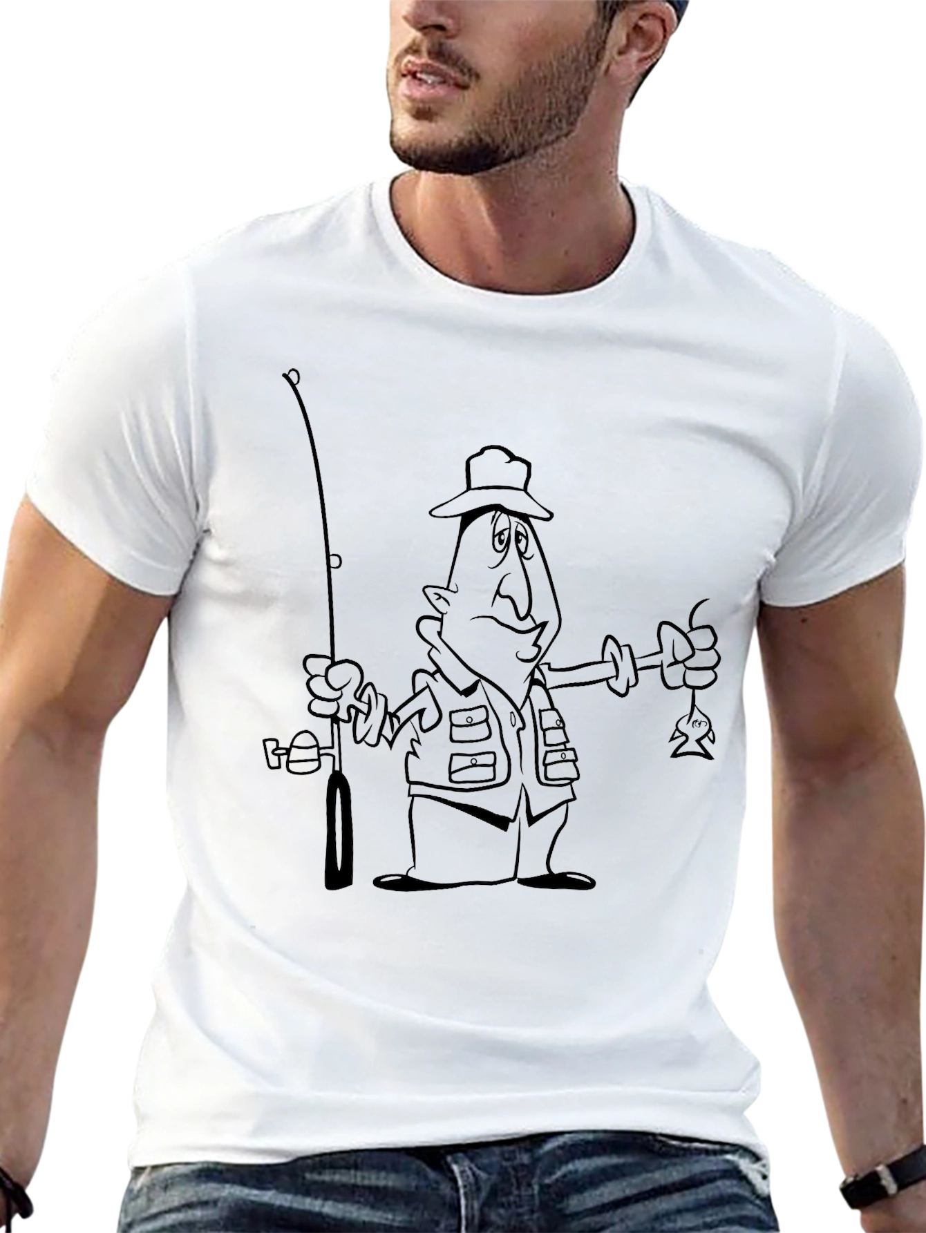Black Cartoon Fisherman Black T-Shirt view 13