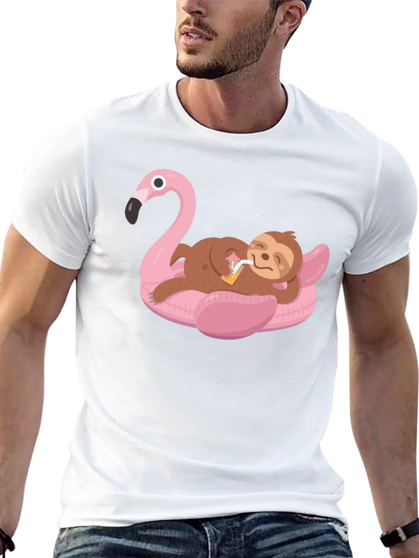 Black Sloth on Flamingo Pool Float Graphic Tee view 13