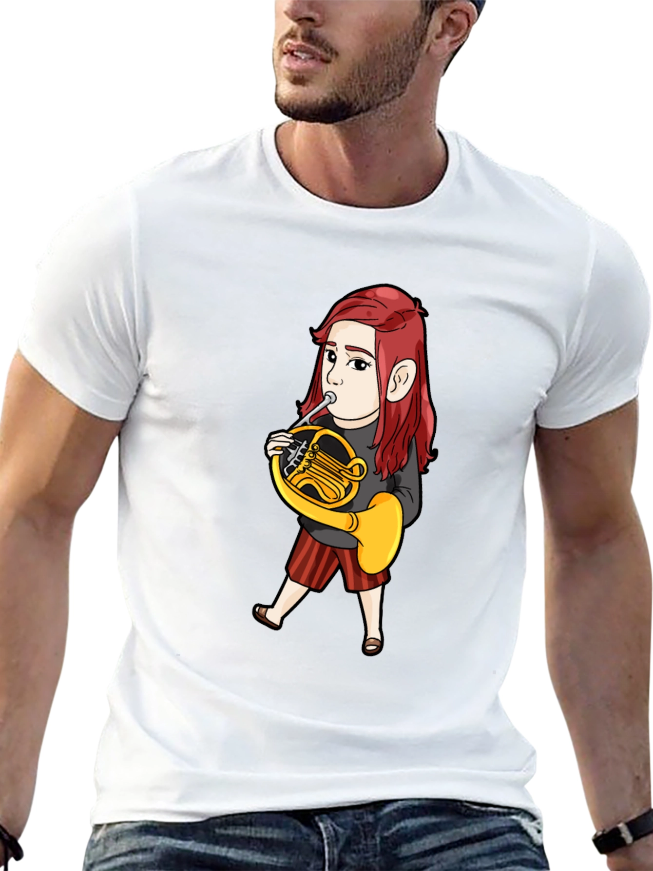 Black French Horn Player Cartoon T-Shirt view 13