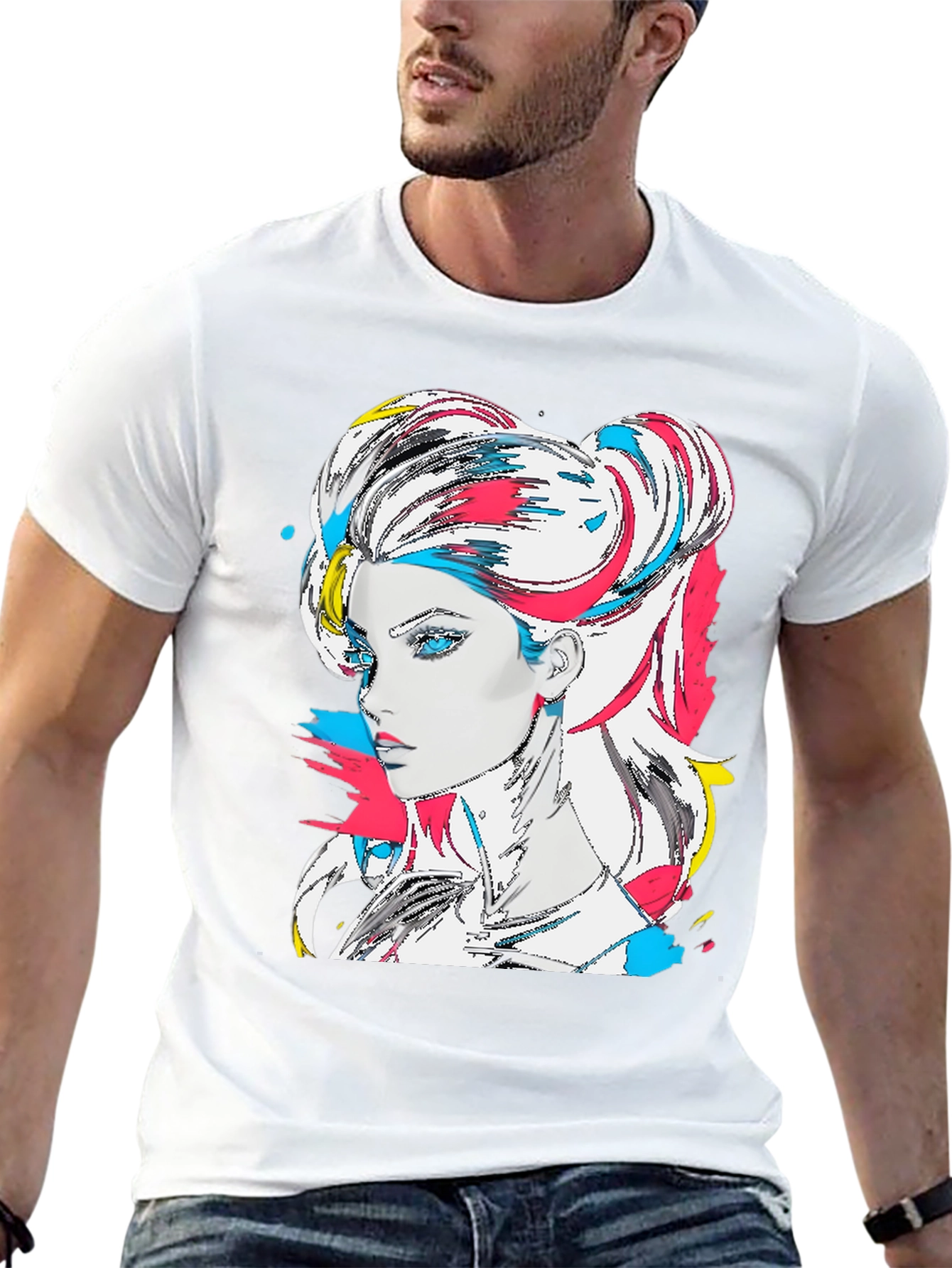 Black Vibrant Graphic Tee - Anime Woman Portrait view 13