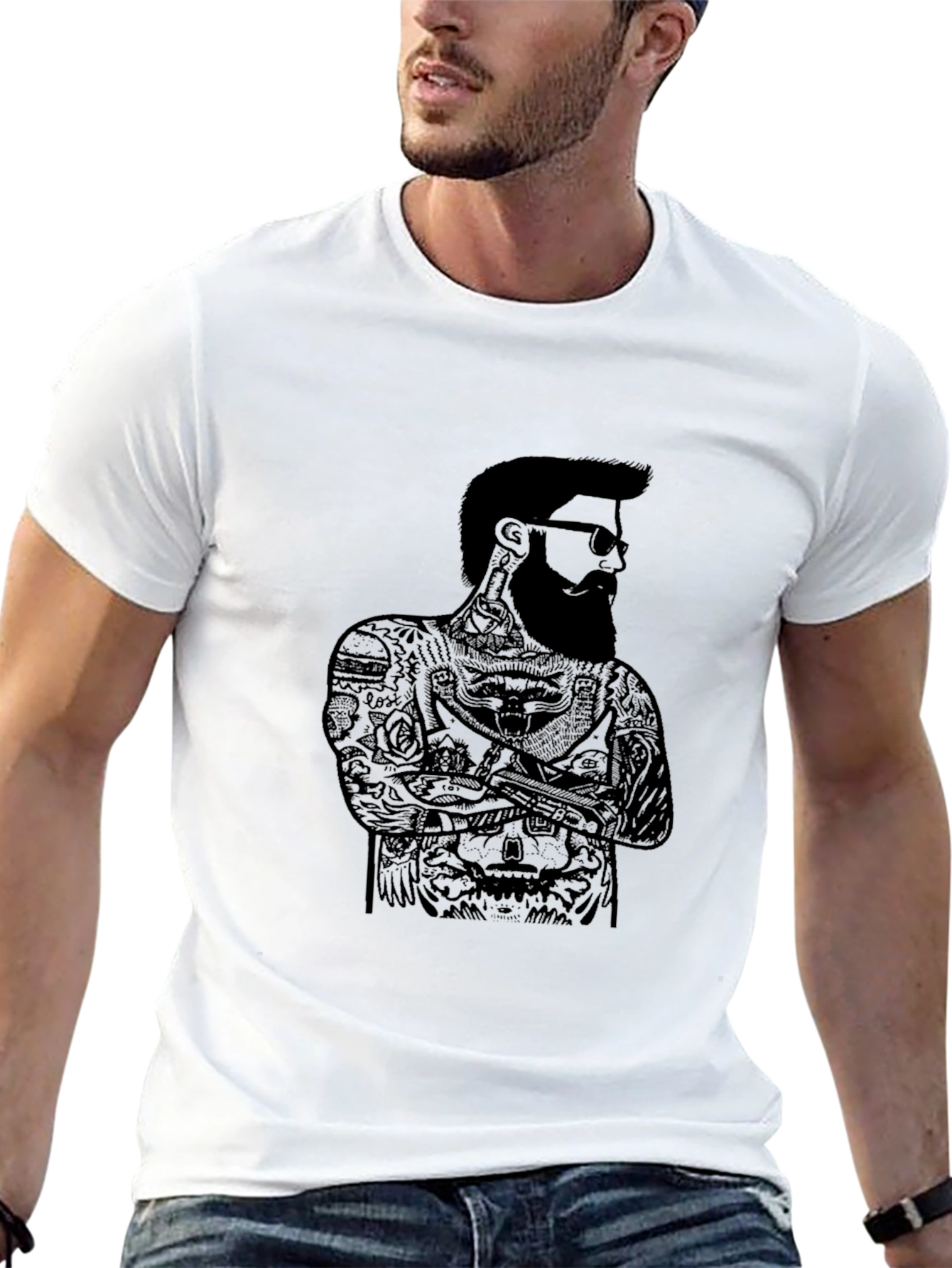 Black Black Graphic Tee - Bearded Man Tattoo Design view 13