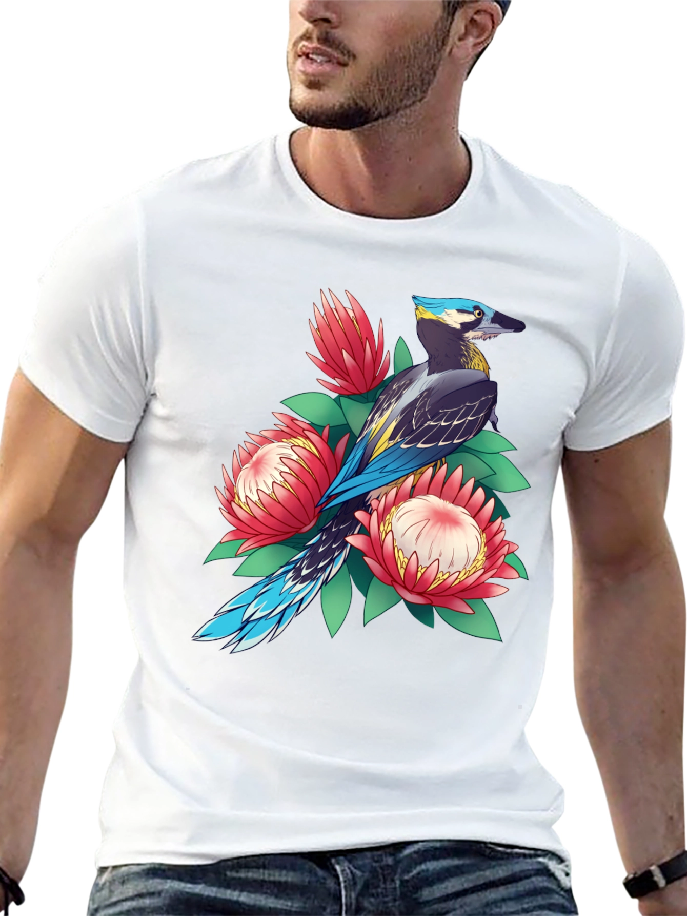 Black Bird & Floral Print T-Shirt - Casual Style view 13