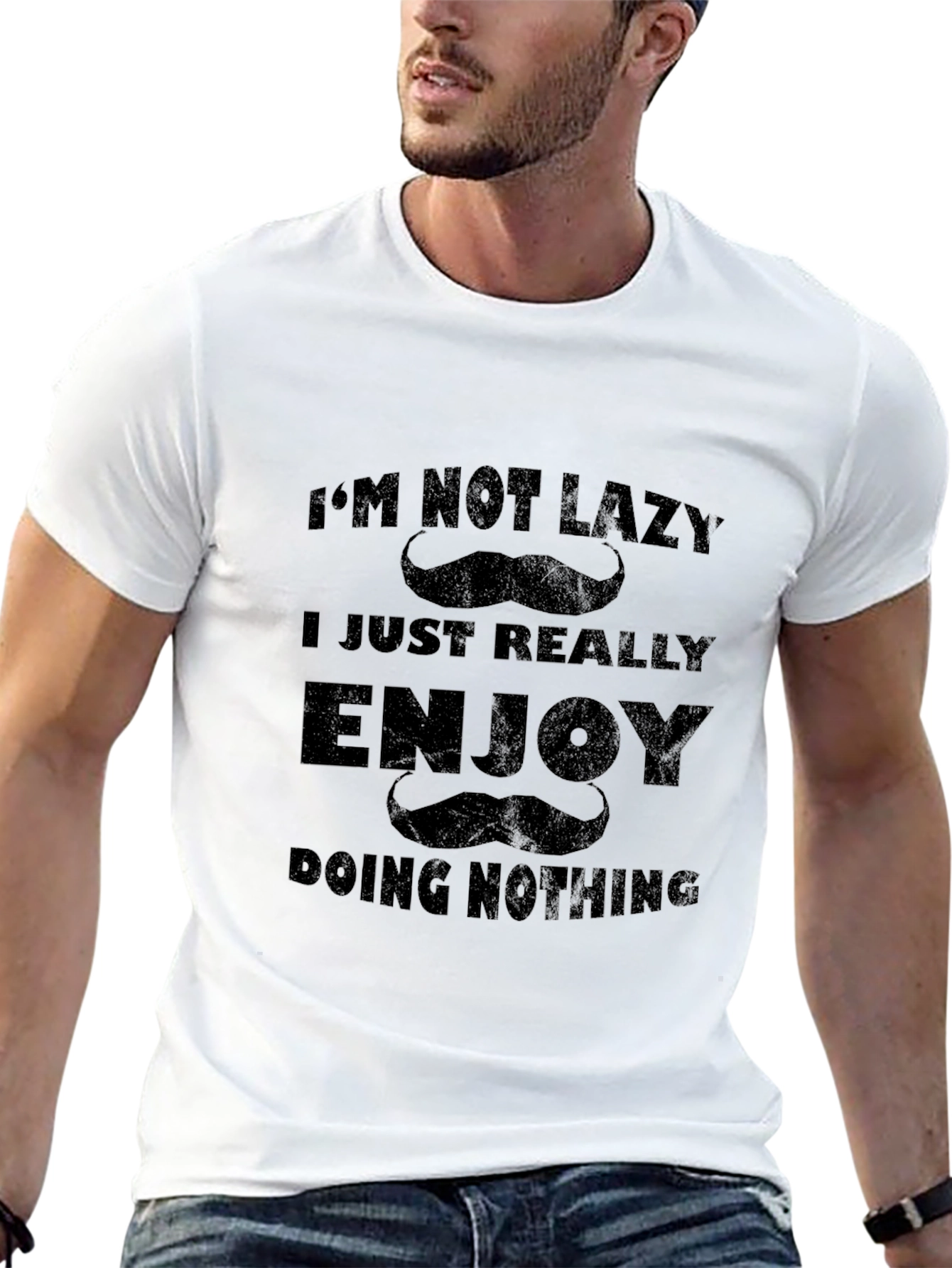 Black Funny Lazy Mustache Graphic T-Shirt view 13