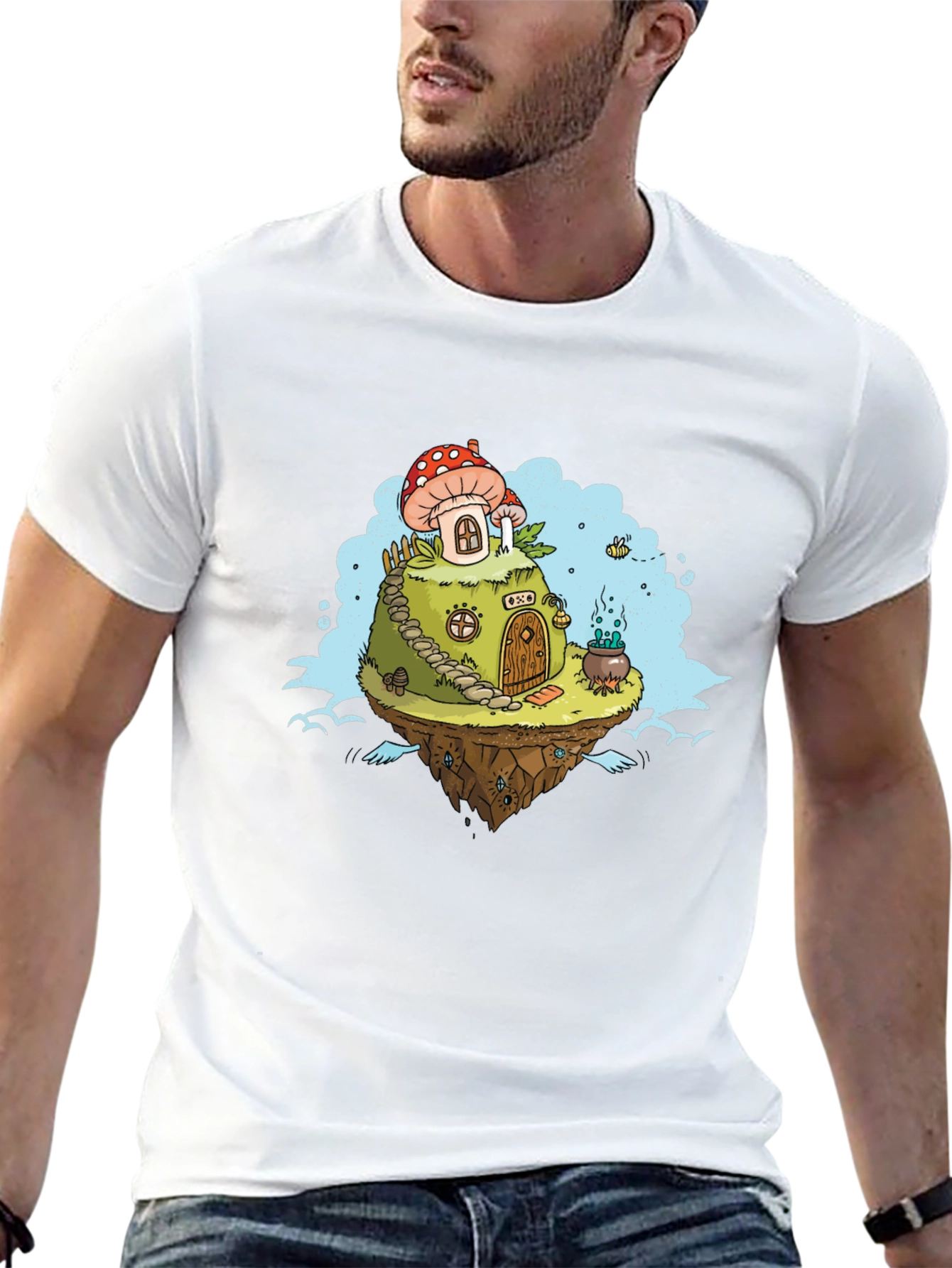Black Mushroom House Island Graphic Tee - Whimsical Fantasy Design view 13