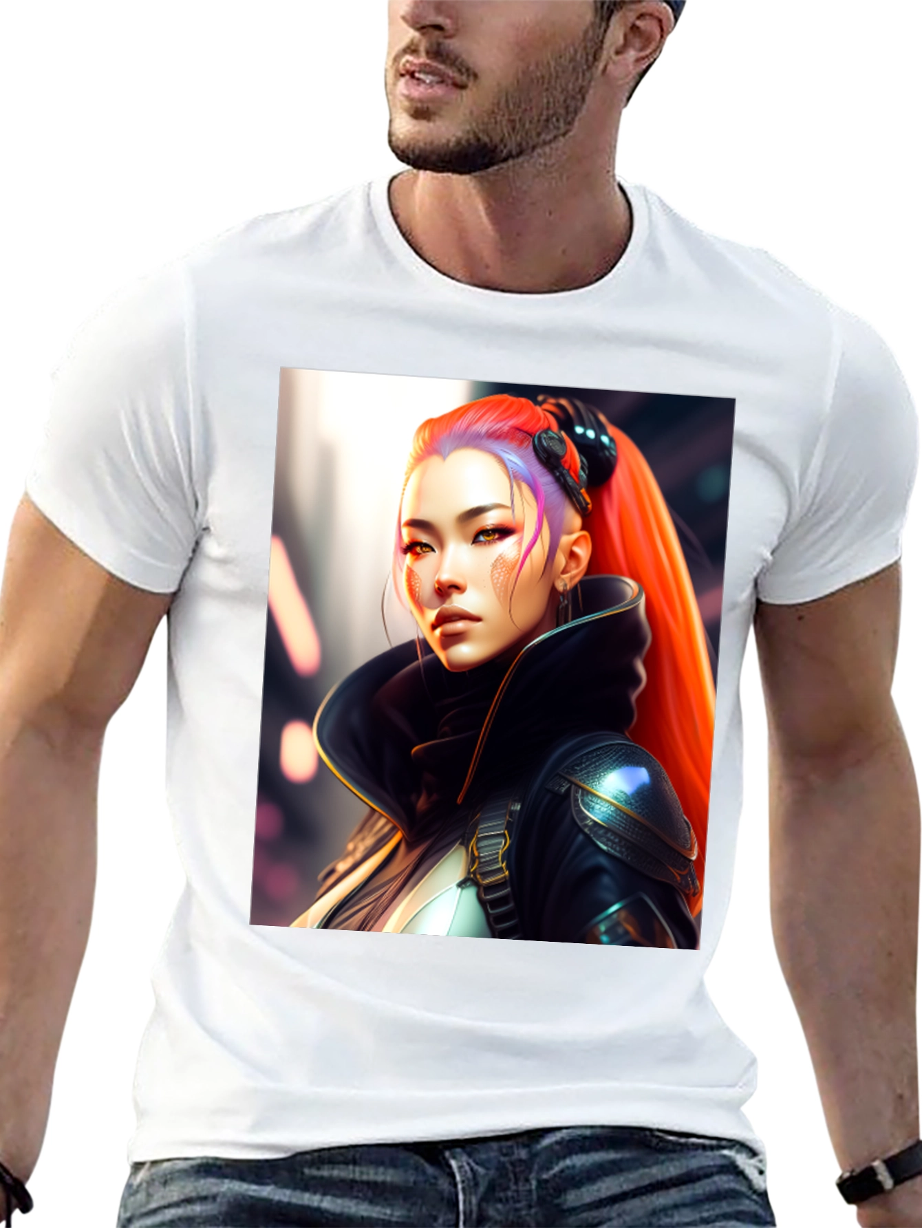 Black Cyberpunk Woman Portrait Graphic Tee - Stylish Cotton Blend Shirt view 13