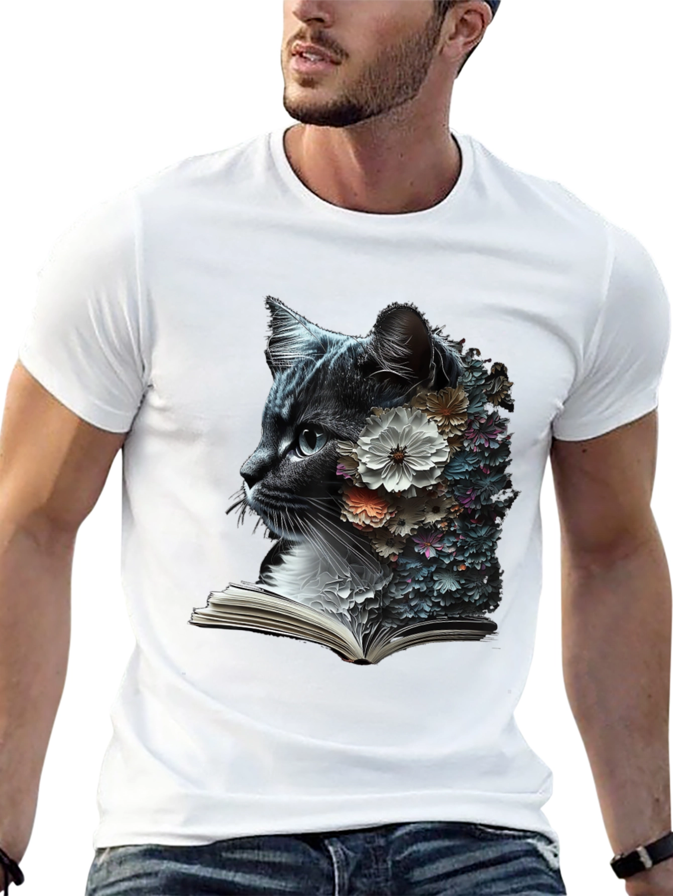 Black Floral Cat Reader Graphic T-Shirt view 13