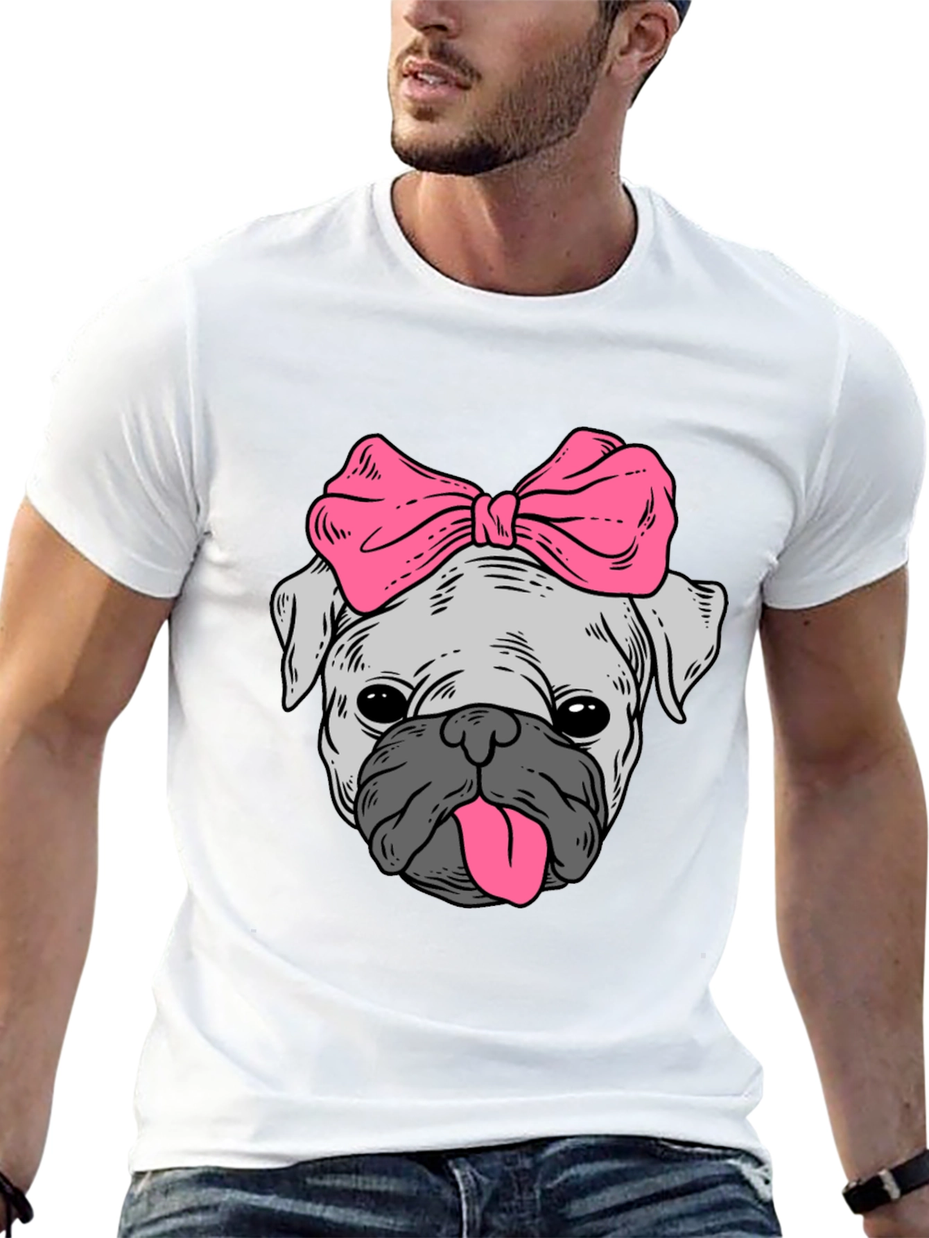 Black Cute Pug with Bow Graphic Tee - Unisex Black T-Shirt view 13