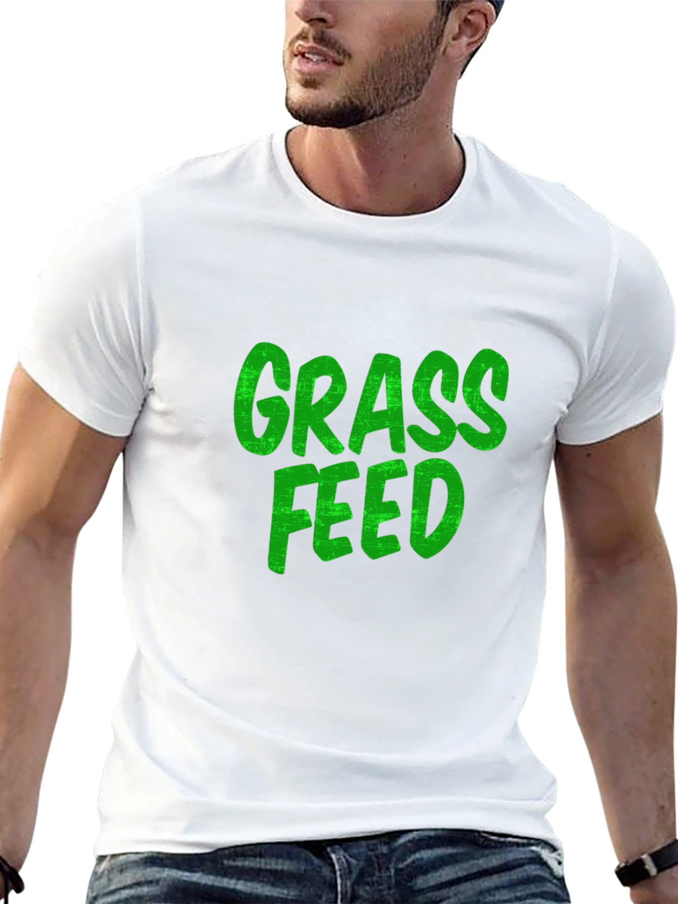 Black Grass Feed Green Text Black Cotton T-Shirt view 13