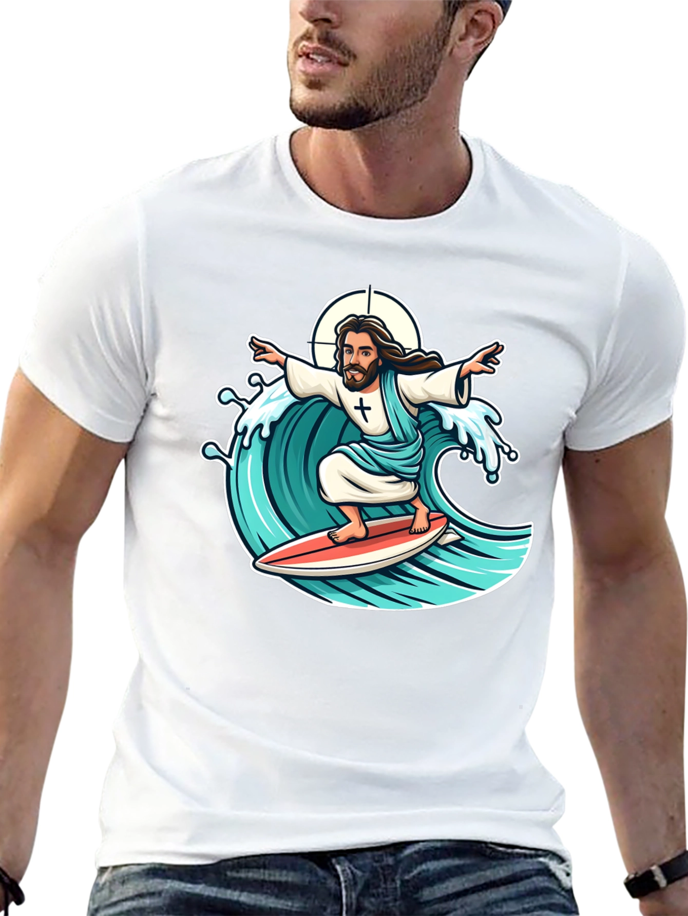 Black Surfing Jesus Graphic T-Shirt view 13